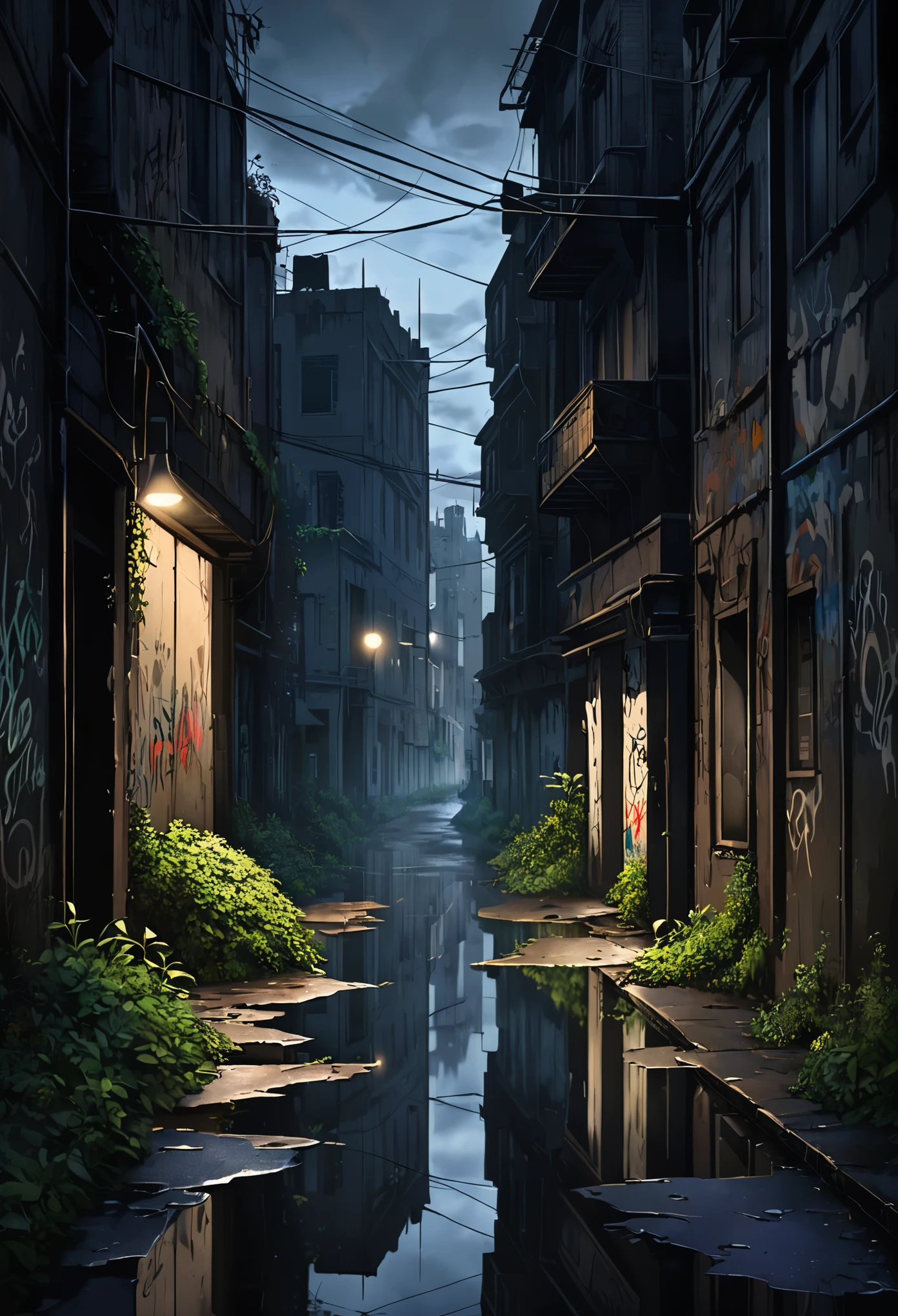 dark,urban landscape,shadowy figures,twisted buildings,mysterious atmosphere,dim streetlights,nighttime cityscape,glimmers of distant lights,city skyline silhouette,abandoned alleyways,misty fog rolling in,desolate streets,hauntingly beautiful architecture,overgrown plants creeping up the walls,ominous clouds swirling above,hidden secrets lurking in the shadows,eerie reflections on wet pavement,haunted by the past,loneliness in a crowded city,sharp contrast of darkness and light,mysterious figures disappearing into the night,whisperings of forgotten stories,subtle hints of danger,expressive graffiti on crumbling walls,pervading sense of melancholy,thick air filled with anticipation and suspense,vivid strokes of urban decay,lingering echoes of lost dreams,balancing on the edge of reality and fantasy,unveiling the hidden layers of the city,unearthly beauty in the darkness,subtle glimmer of hope amidst the desolation,dark corners revealing fragments of life.