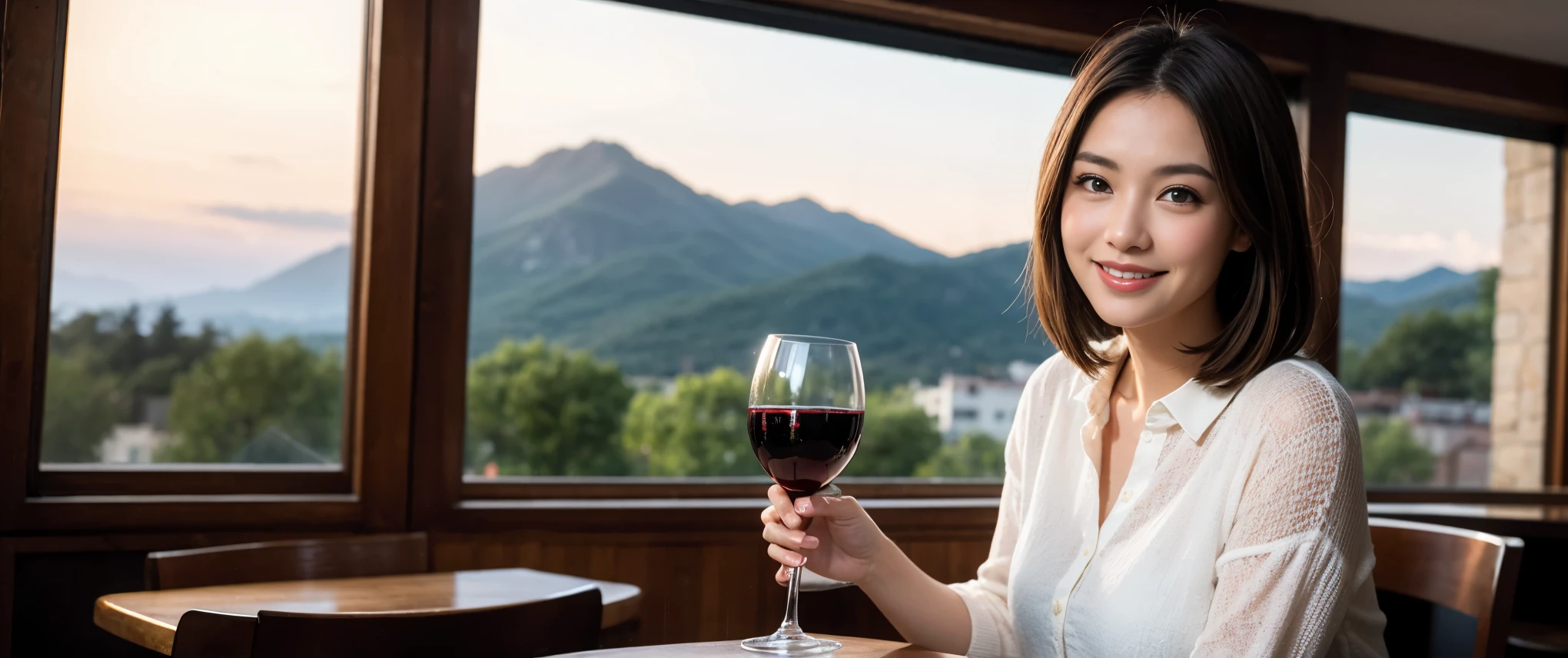 ((highest quality、8k、masterpiece:1.3))、Sharp focus:1.2、Beautiful woman perfect body:1.4、slimなボディ、((Bob Hale、Straight hair:1.2))、(to be born, highest quality, masterpiece:1.5), (Realistic, Intricate details:1.2), Ultra-high resolution, Amazing view of the sunset sky and clouds、Amazing mountain views、ニコニコ明るいsmile、smileの素敵な女性、Bright image、2. The beauty of wine, Beautiful Face, blue eyes, The light shines on your face, Blushing, short hair,Bright Face、Fox face、 (36 years old), 39 years old, Lady、red wine 、Appetizers、Italian food、Wine bottle、Champagne、sparkling wine、Two beauties、Brown Hair、Shortcuts、Long sleeve shirt、dress、Pretty Woman 1, (slimな顔), (The body is slim), (Brown Hair), (Shortcuts), cheeks turn a little red,Attractive beauty、, Out of the window, A beautiful and detailed night view unfolds.........., restaurant, In a prominent place (From the waist up) Nova Frog Style, actress, model, Upper Body, White wine, slim, wine glass, 真ん中に置かれたwine glass, smile, (smile: 1.15), Beautiful fine grain, Depth f/2,saturation, High Contrast, Strong light and shadow,Moist Body:1.5、3D texture、Delicate eyes、Brown Hair、The hair is very shiny、