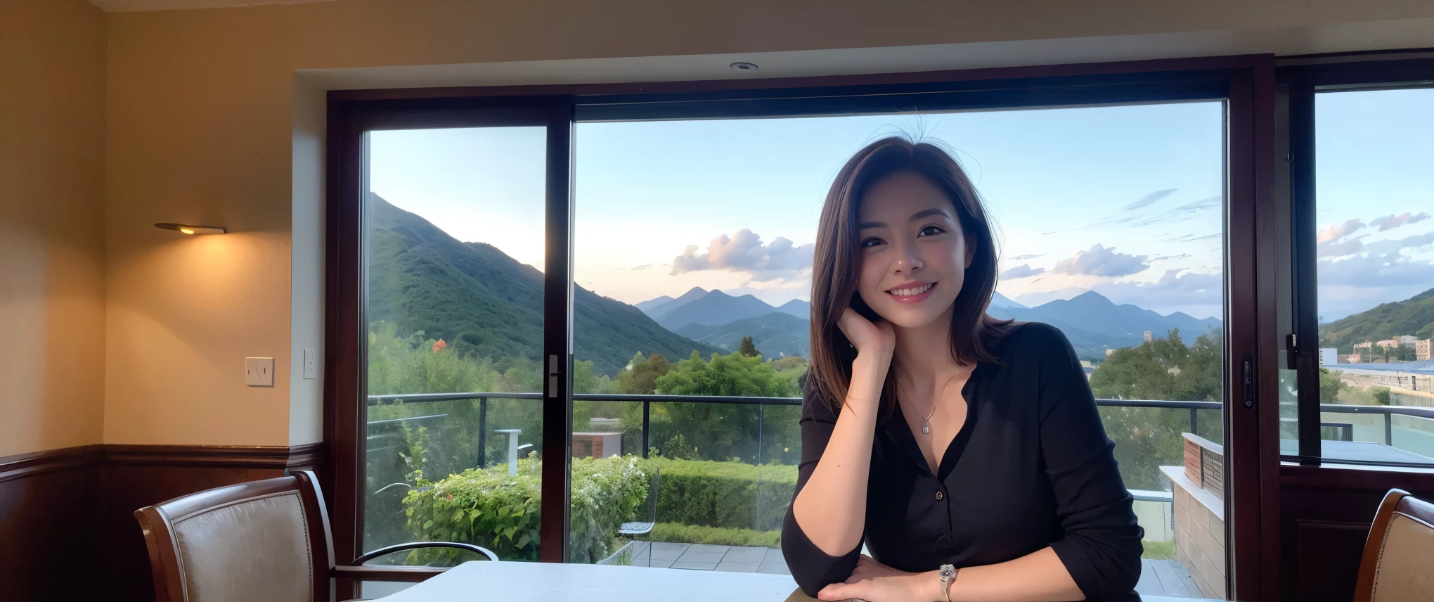 ((highest quality、8k、masterpiece:1.3))、Sharp focus:1.2、Beautiful woman perfect body:1.4、slimなボディ、((Bob Hale、Straight hair:1.2))、(to be born, highest quality, masterpiece:1.5), (Realistic, Intricate details:1.2), Ultra-high resolution, Amazing view of the sunset sky and clouds、Amazing mountain views、ニコニコ明るいsmile、smileの素敵な女性、Bright image、2. The beauty of wine, Beautiful Face, blue eyes, The light shines on your face, Blushing, short hair,Bright Face、Fox face、 (36 years old), 39 years old, Lady、red wine 、Appetizers、Italian food、Wine bottle、Champagne、sparkling wine、Two beauties、Brown Hair、Shortcuts、Long sleeve shirt、dress、Pretty Woman 1, (slimな顔), (The body is slim), (Brown Hair), (Shortcuts), cheeks turn a little red,Attractive beauty、, Out of the window, A beautiful and detailed night view unfolds.........., restaurant, In a prominent place (From the waist up) Nova Frog Style, actress, model, Upper Body, White wine, slim, wine glass, 真ん中に置かれたwine glass, smile, (smile: 1.15), Beautiful fine grain, Depth f/2,saturation, High Contrast, Strong light and shadow,Moist Body:1.5、3D texture、Delicate eyes、Brown Hair、The hair is very shiny、