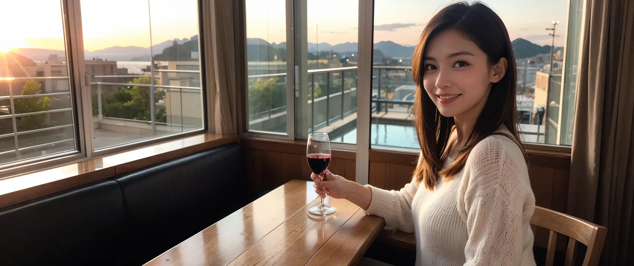 ((highest quality、8k、masterpiece:1.3))、Sharp focus:1.2、Beautiful woman perfect body:1.4、slimなボディ、((Bob Hale、Straight hair:1.2))、(to be born, highest quality, masterpiece:1.5), (Realistic, Intricate details:1.2), Ultra-high resolution, Amazing view of the sunset sky and clouds、Amazing mountain views、ニコニコ明るいsmile、smileの素敵な女性、Bright image、2. The beauty of wine, Beautiful Face, blue eyes, The light shines on your face, Blushing, short hair,Bright Face、Fox face、 (36 years old), 39 years old, Lady、red wine 、Appetizers、Italian food、Wine bottle、Champagne、sparkling wine、Two beauties、Brown Hair、Shortcuts、Long sleeve shirt、dress、Pretty Woman 1, (slimな顔), (The body is slim), (Brown Hair), (Shortcuts), cheeks turn a little red,Attractive beauty、, Out of the window, A beautiful and detailed night view unfolds.........., restaurant, In a prominent place (From the waist up) Nova Frog Style, actress, model, Upper Body, White wine, slim, wine glass, 真ん中に置かれたwine glass, smile, (smile: 1.15), Beautiful fine grain, Depth f/2,saturation, High Contrast, Strong light and shadow,Moist Body:1.5、3D texture、Delicate eyes、Brown Hair、The hair is very shiny、