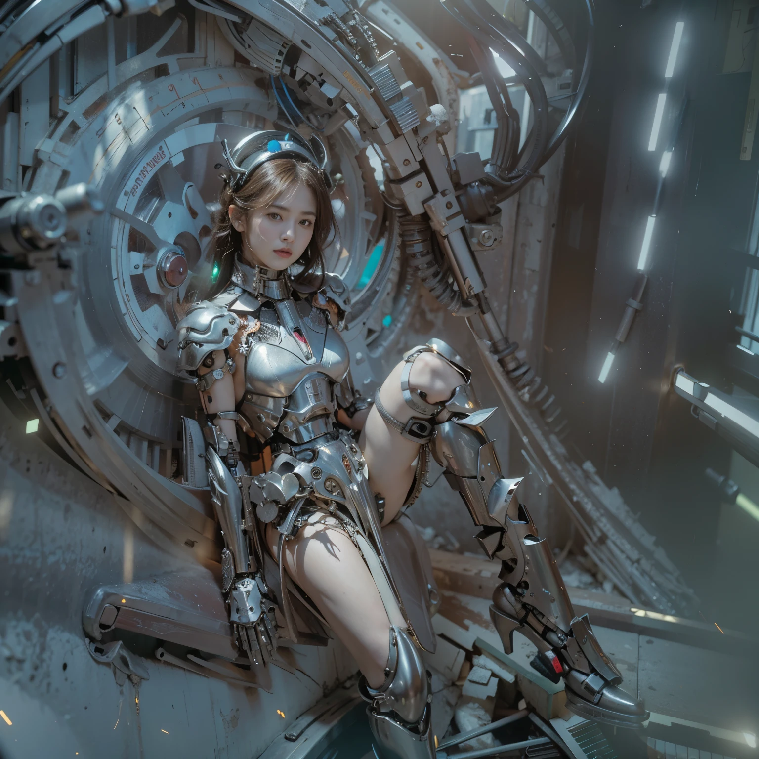 Cyborg woman in black dress sitting on the side of the road, gorgeous young Korean cyborg woman, mechanical shoulder blade, (mechanical body), mechanical arm, manipulator, white mechanical legs, mechanical stomach, smile
