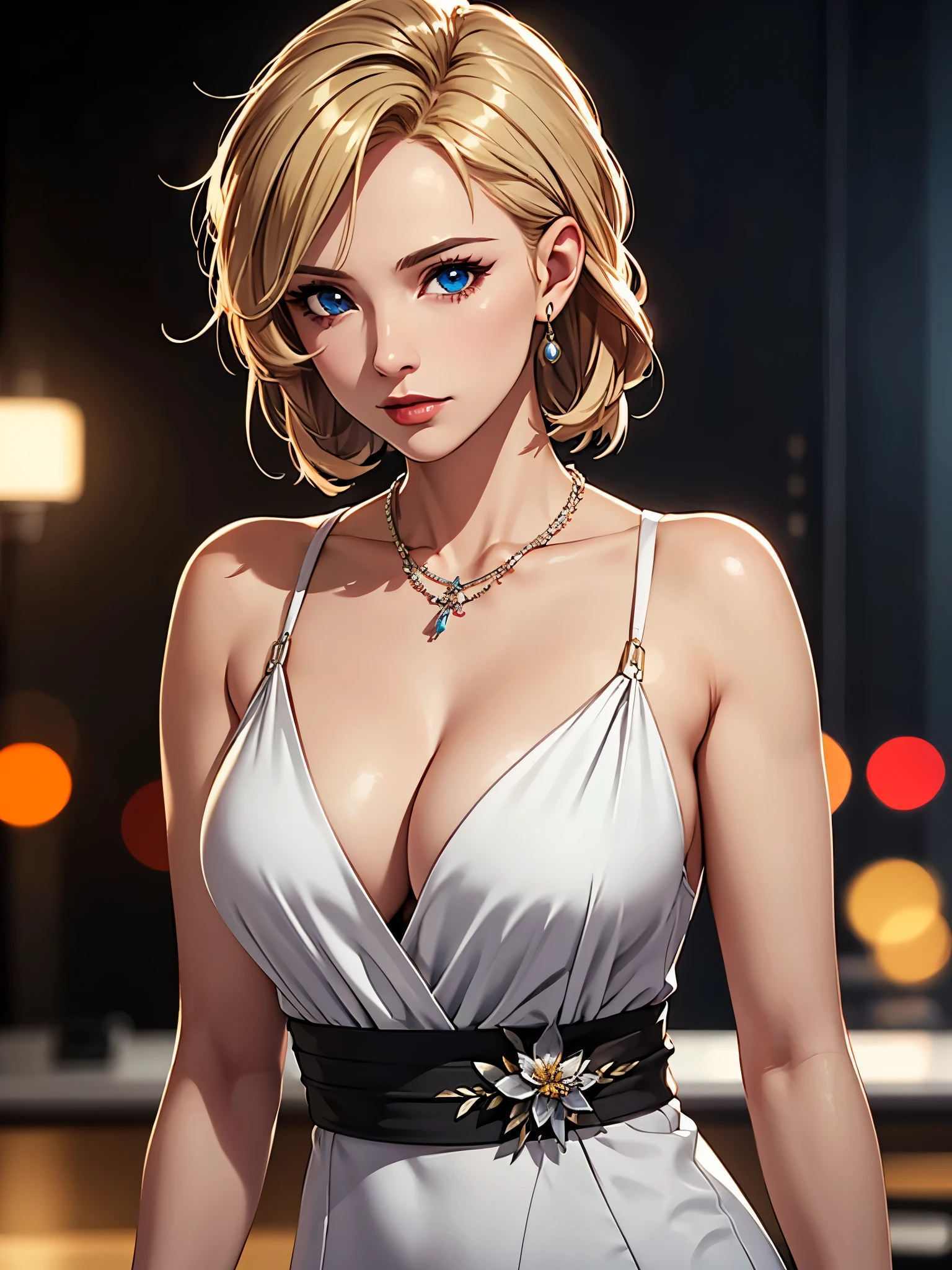 best quality, masterpiece, high resolution, A girl, blond, blue eyes, Fashion Clothing, necklace, jewelry, Pretty Face, Perfect breasts, more than_Body, Tyndall effect, lifelike, Dark Studio, Side light, Two-color lighting, (HD Skin:1.2), 8K Ultra HD, SLR camera, Soft Light, high quality, Volumetric Lighting, frank, photography, high resolution, 4K, 8k, Bokeh, Octane Render