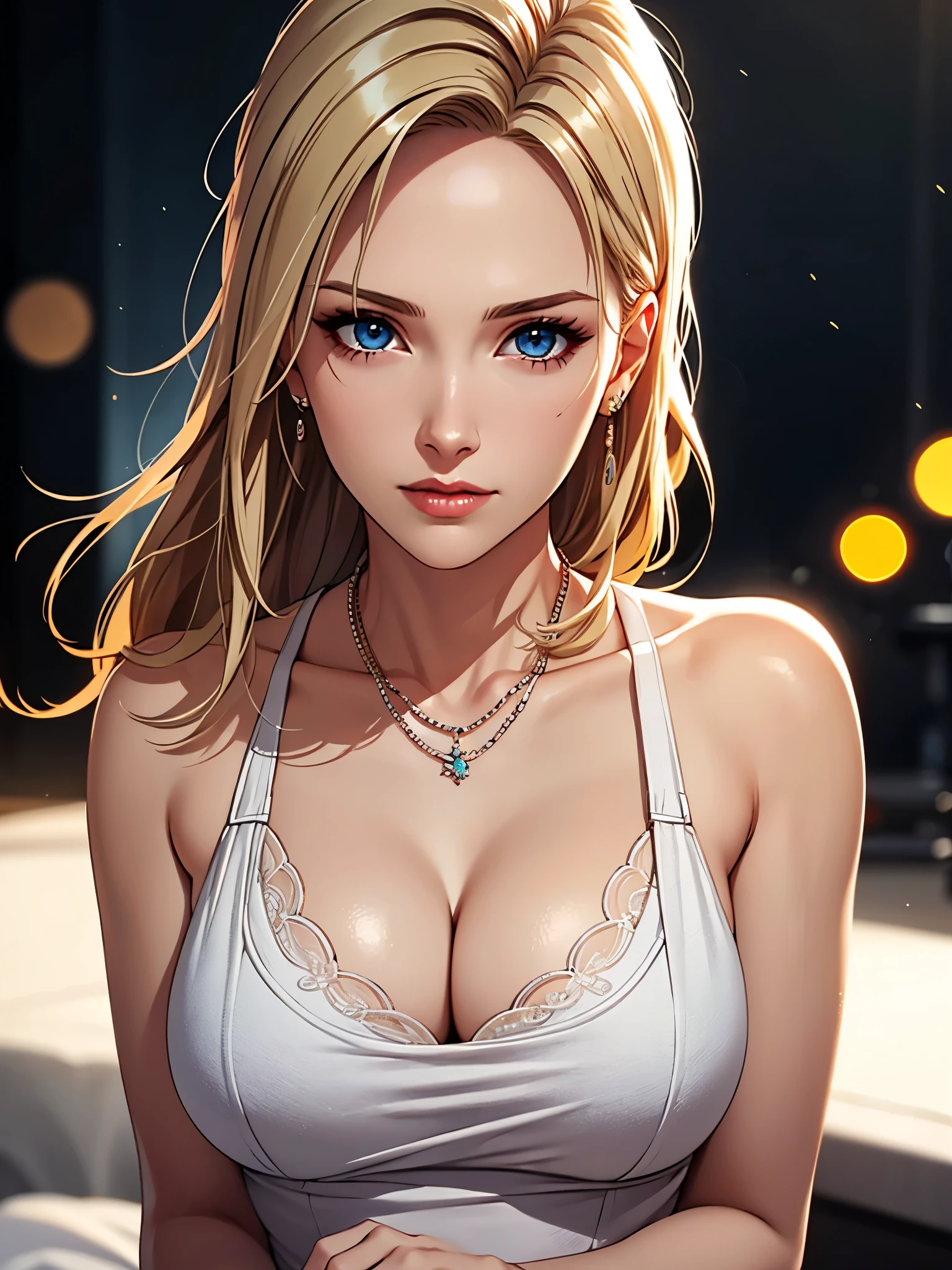 best quality, masterpiece, high resolution, A girl, blond, blue eyes, Fashion Clothing, necklace, jewelry, Pretty Face, Perfect breasts, more than_Body, Tyndall effect, lifelike, Dark Studio, Side light, Two-color lighting, (HD Skin:1.2), 8K Ultra HD, SLR camera, Soft Light, high quality, Volumetric Lighting, frank, photography, high resolution, 4K, 8k, Bokeh, Octane Render