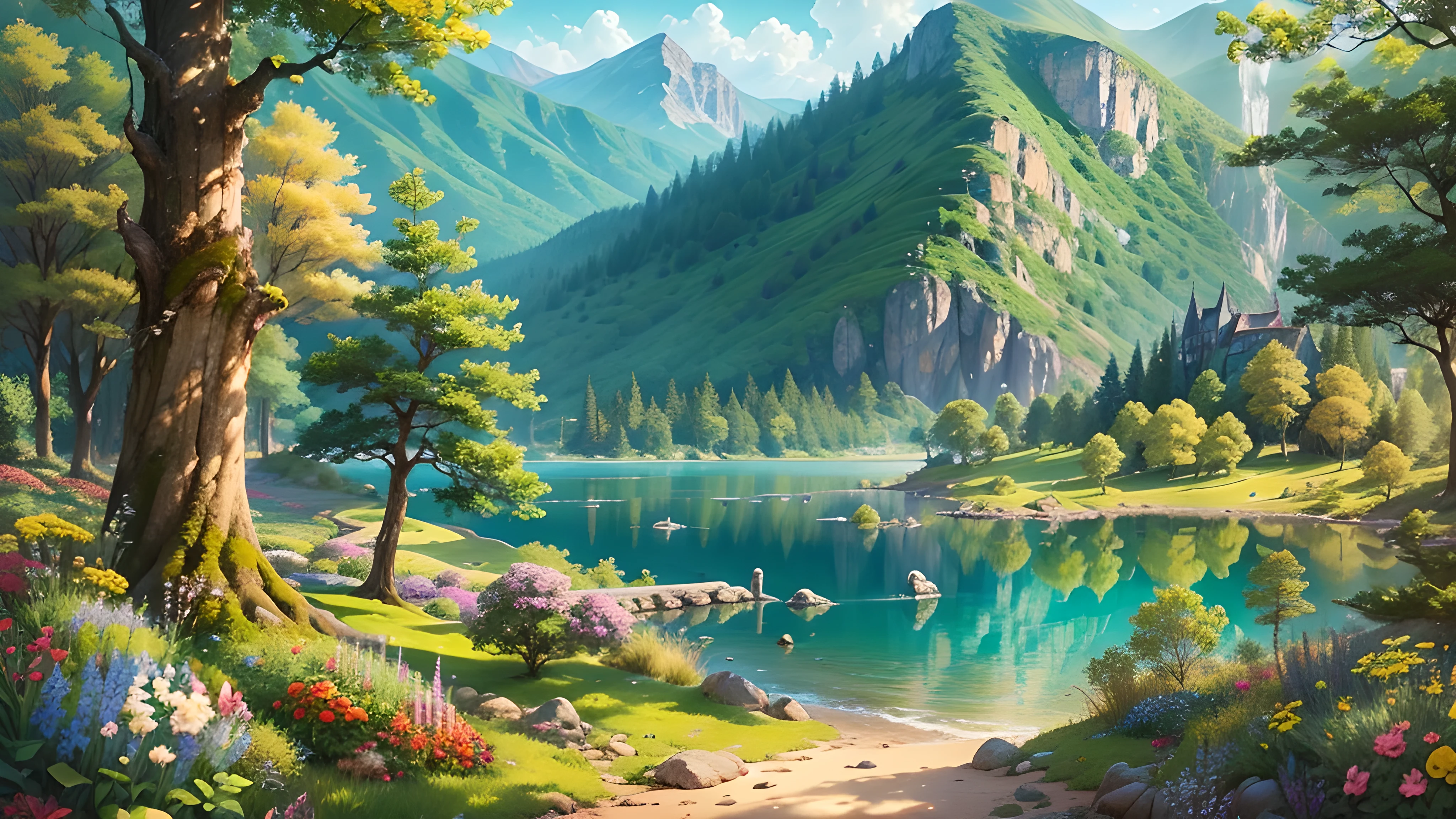 (best quality,ultra-detailed,realistic:1.37),vivid colors,landscape,beautiful scenery,lushgreenery,gentle rolling hills,clear blue sky,sunshine,glistening water,peaceful,serenity,splendid,tranquility,breathtaking view,natural beauty,majestic mountains,graceful river,harmonious coexistence of land and water,diverse flora and fauna,incredible biodiversity,nature's masterpiece,calming atmosphere,lively colors,refreshing breeze,magical ambiance,wonderful escape,happiness,awe-inspiring,spectacular,mesmerizing,postcard-worthy,magnificent,mystical,serene lakes,colorful flowers,whispering trees,harmonious composition,unforgettable,harmony between man and nature,pristine,unspoiled paradise.