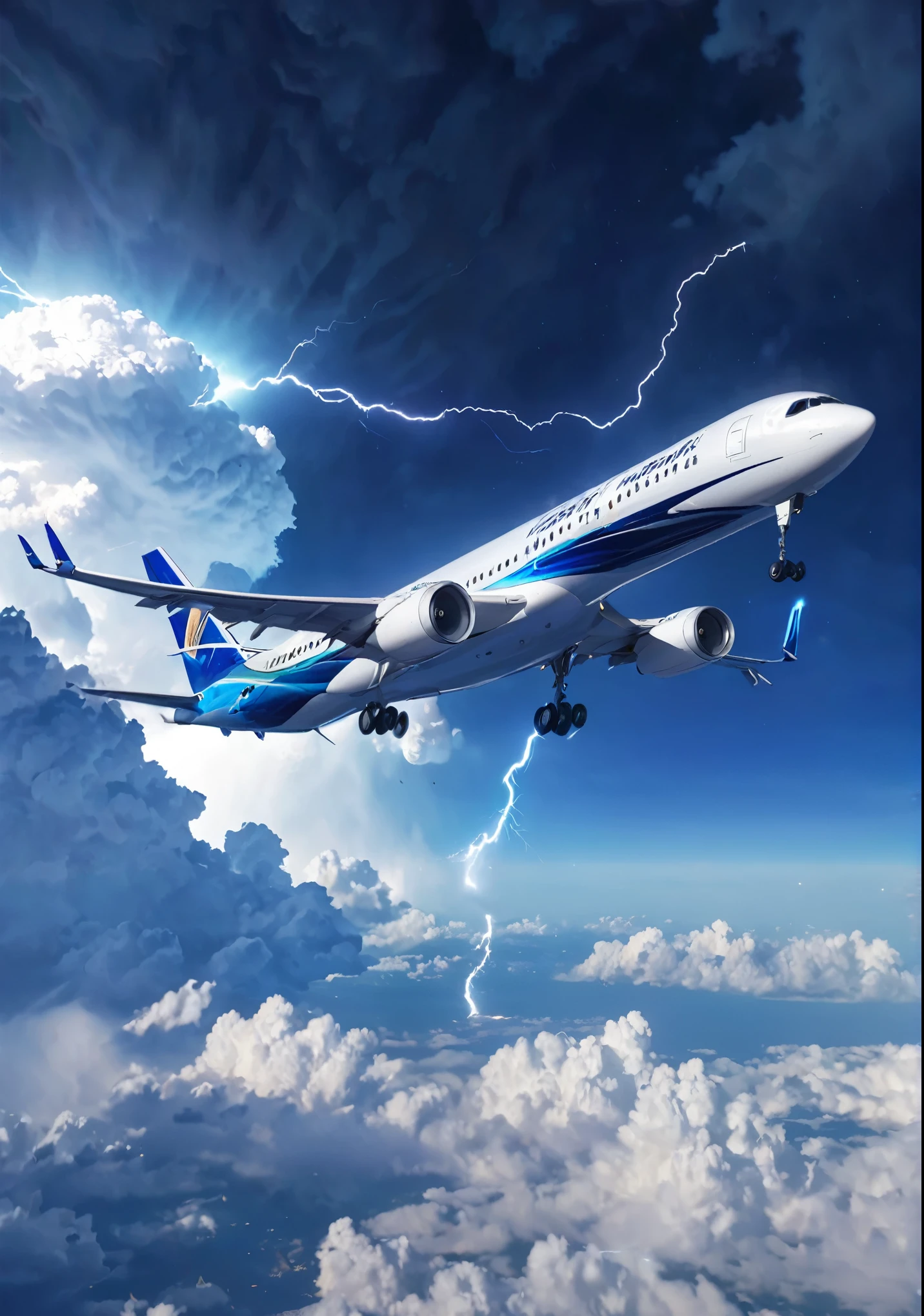 Swirling Crystal Cloud, Lightning strikes、A-350 jetliner, Atmospheric perspective, 8k, Super Detail, Accurate, highest quality, lightning、Sharp images、High color reproducibility、Attention to detail、live-action、Alluring、