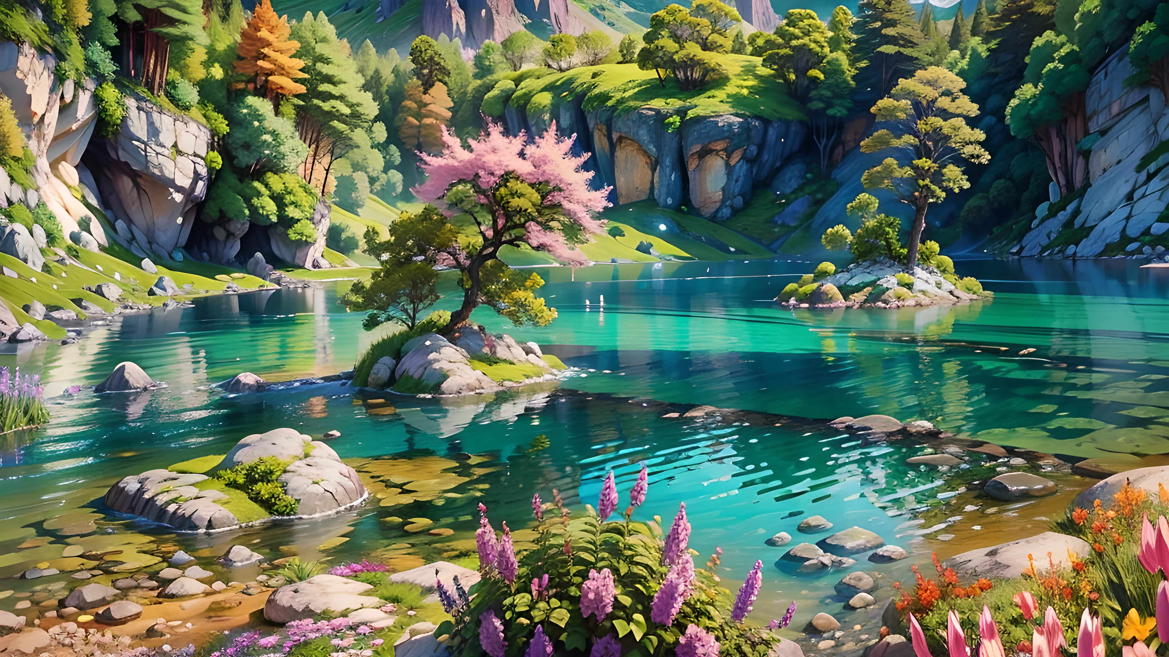 (best quality,ultra-detailed,realistic:1.37),vivid colors,landscape,beautiful scenery,lushgreenery,gentle rolling hills,clear blue sky,sunshine,glistening water,peaceful,serenity,splendid,tranquility,breathtaking view,natural beauty,majestic mountains,graceful river,harmonious coexistence of land and water,diverse flora and fauna,incredible biodiversity,nature's masterpiece,calming atmosphere,lively colors,refreshing breeze,magical ambiance,wonderful escape,happiness,awe-inspiring,spectacular,mesmerizing,postcard-worthy,magnificent,mystical,serene lakes,colorful flowers,whispering trees,harmonious composition,unforgettable,harmony between man and nature,pristine,unspoiled paradise.