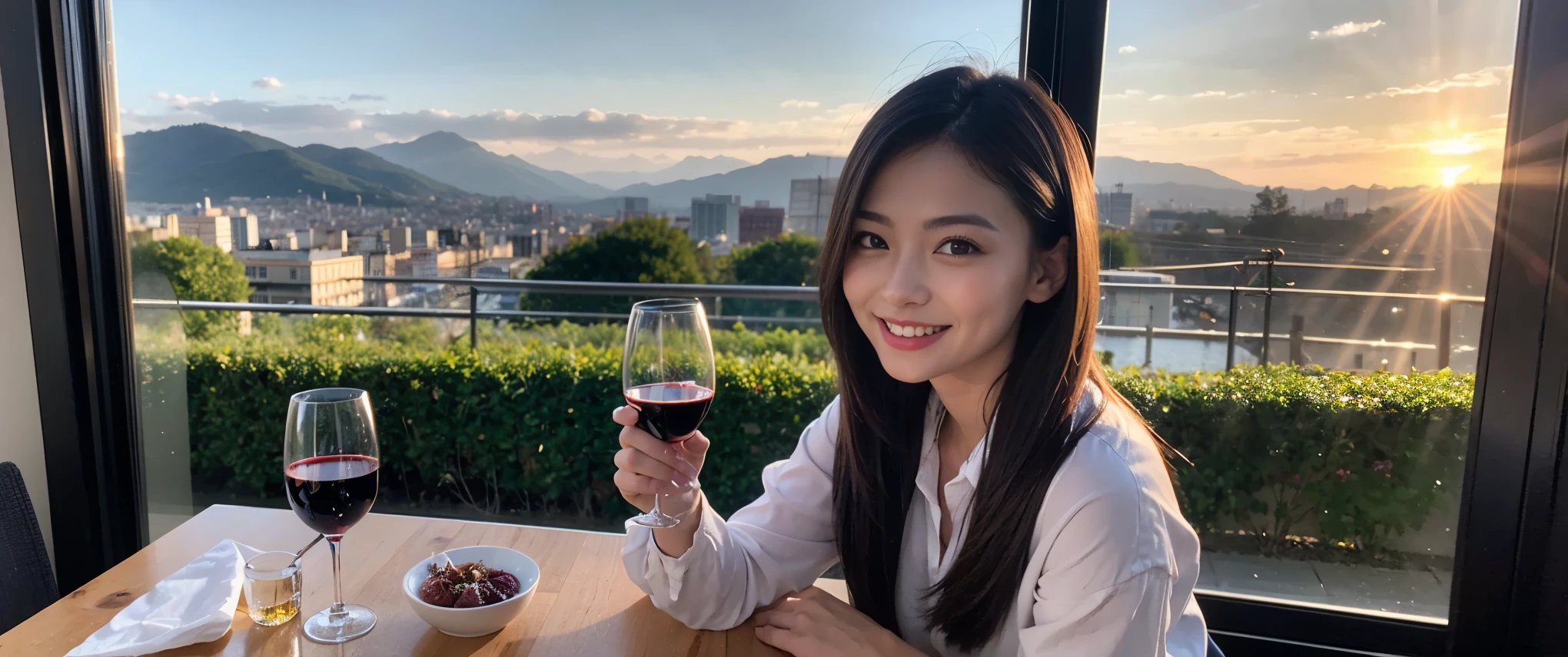 ((highest quality、8k、masterpiece:1.3))、Sharp focus:1.2、Beautiful woman perfect body:1.4、slimなボディ、((Bob Hale、Straight hair:1.2))、(to be born, highest quality, masterpiece:1.5), (Realistic, Intricate details:1.2), Ultra-high resolution, Amazing view of the sunset sky and clouds、Amazing mountain views、ニコニコ明るいsmile、smileの素敵な女性、Bright image、2. The beauty of wine, Beautiful Face, blue eyes, The light shines on your face, Blushing, short hair,Bright Face、Fox face、 (36 years old), 39 years old, Lady、red wine 、Appetizers、Italian food、Wine bottle、Champagne、sparkling wine、Two beauties、Brown Hair、Shortcuts、Long sleeve shirt、dress、Pretty Woman 1, (slimな顔), (The body is slim), (Brown Hair), (Shortcuts), cheeks turn a little red,Attractive beauty、, Out of the window, A beautiful and detailed night view unfolds.........., restaurant, In a prominent place (From the waist up) Nova Frog Style, actress, model, Upper Body, White wine, slim, wine glass, 真ん中に置かれたwine glass, smile, (smile: 1.15), Beautiful fine grain, Depth f/2,saturation, High Contrast, Strong light and shadow,Moist Body:1.5、3D texture、Delicate eyes、Brown Hair、The hair is very shiny、