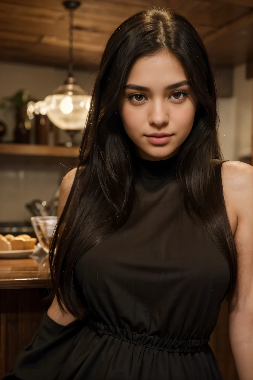 (realistic, highres:1.2, ultra-detailed), a 19-year-old girl with long and black hair, deep brown eyes that captivate the viewer's attention. Her eyes are mesmerizing and full of life, with long and thick lashes that enhance their beauty. Soft smile. A long dress, Instagram worthy background, full body