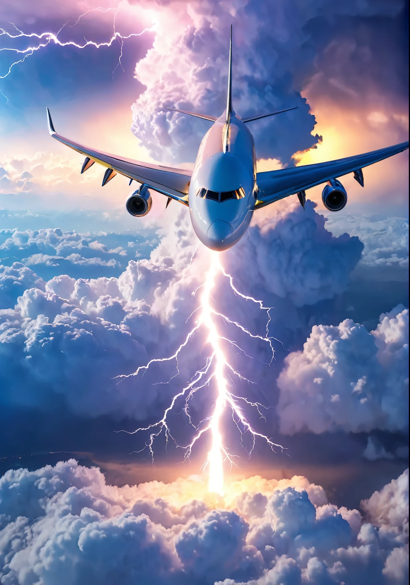 Swirling Crystal Cloud, Lightning strikes、A-350 jetliner, Atmospheric perspective, 8k, Super Detail, Accurate, highest quality, lightning、Sharp images、High color reproducibility、Attention to detail、live-action、Alluring、