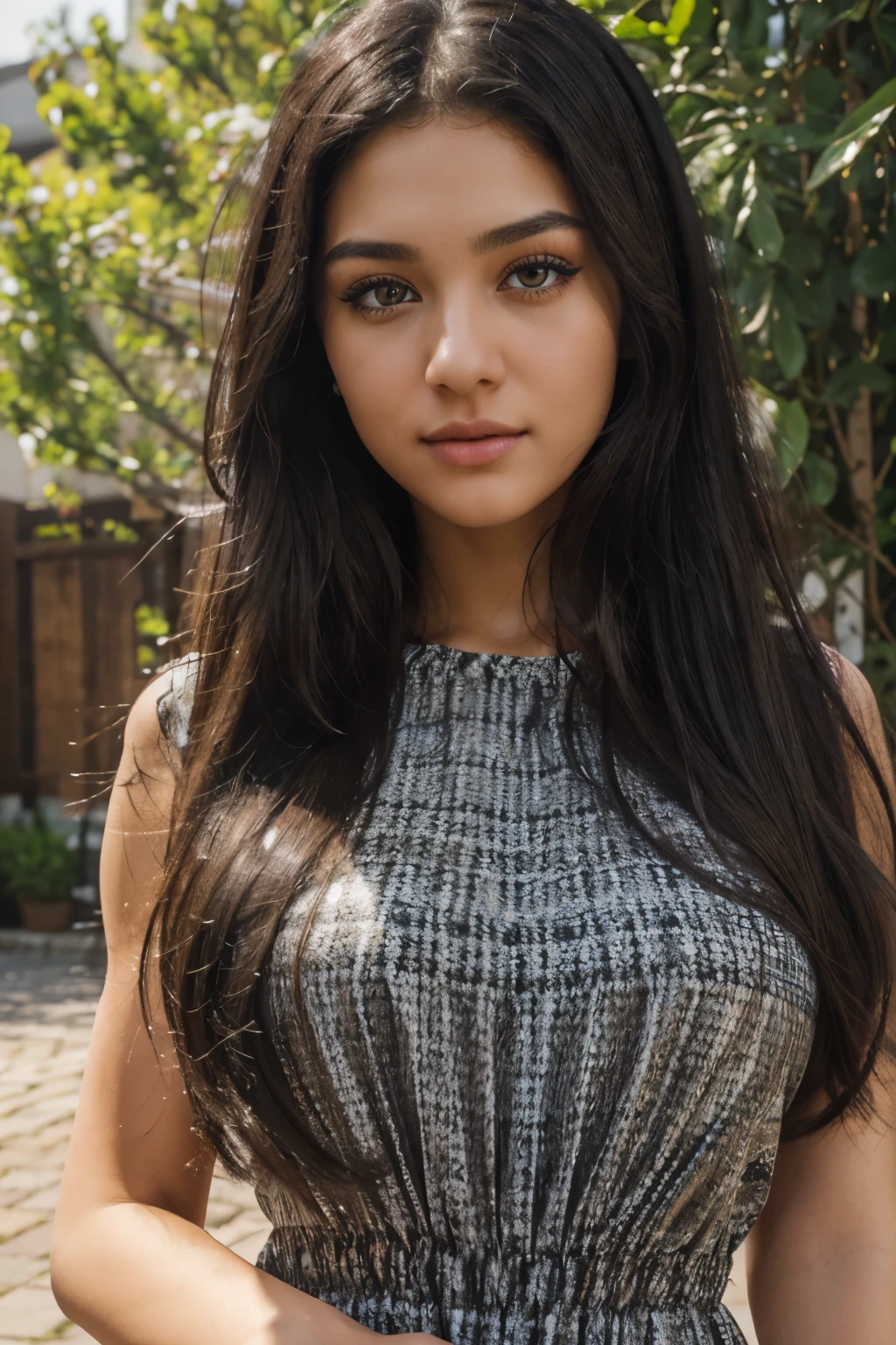 (realistic, highres:1.2, ultra-detailed), a 19-year-old girl with long and black hair, deep brown eyes that captivate the viewer's attention. Her eyes are mesmerizing and full of life with eyeliner, with long and thick lashes that enhance their beauty. Soft smile. A wonderfull dress, outdoor photoshooting, full body
