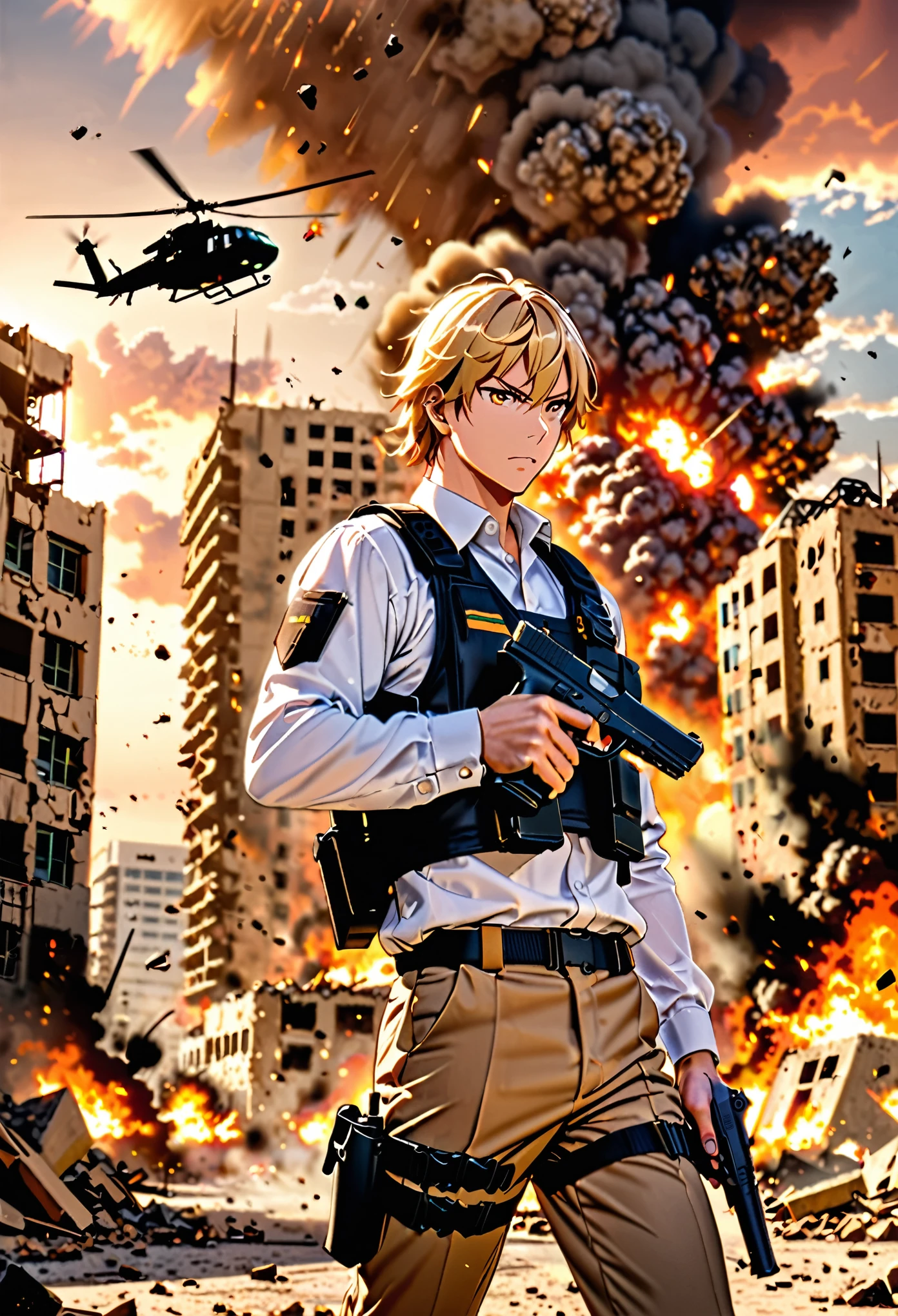 masterpiece, best quality, 1man, late-twenties male, (using pistol, glock 17:0.8, finger on trigger), (perfect hands), empty desert, (blonde hair, medium hair, combed back hair), hazel eyes, building, burning, cloud, cloudy sky, day, debris, depth of field, destruction, explosion, fire, sky, (drop-down pistol holster, handgun, pistol, holstered pistol), (helicopter, helicopter hovering above), male focus, military, motion blur, outdoors, rubble, sunset, uniform, white shirt, assault vest, cowboy shot