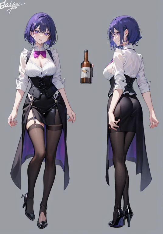 Purple hair,Short hair,Adult female,Bartender,((Body harness)),(black vest),((Rolling up your sleeves shirt)),(Corset),High heels,((Simple background)),Smile,((Full body)),((whole body)),Character Sheet,