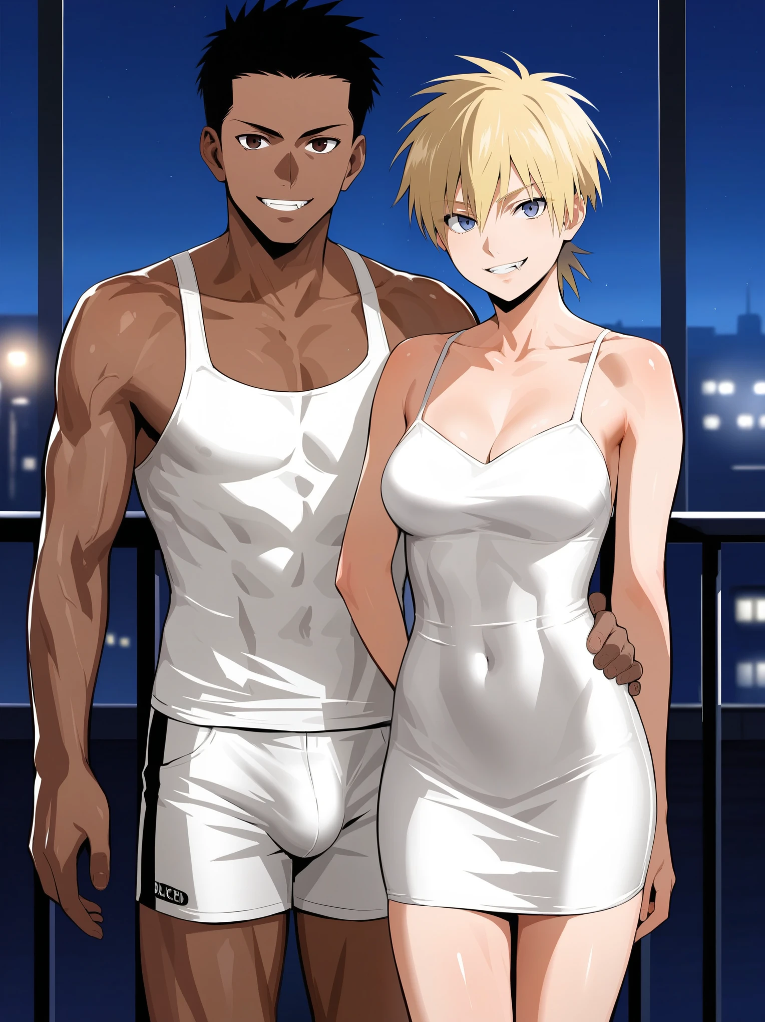 score_9, score_8_up, source_anime, standing, hellsing, seras, blonde hair, nude, indoors, night, night sky, nighttime, vampire, smirk, fangs, ikuchan, balcony, town background, clothed, male wearing shorts, muscular male, medium breasts, boyfriend, couple, sfw, looking at viewer, faceless male, dark skinned male, cuckold pov, ntr, netorare, standing side by side, standing, cuckolding, cuck, 1girl, 1boy, duo, ((duo focus)), black haired male, interracial, BLACKED, bbc, raceplay, smug, humiliation, ((faceless male)), ((size difference)), tall male, ((duo)), waist grab, ((dark skinned male))), gown, dress, bulge, rating:safe, white dress, short dress