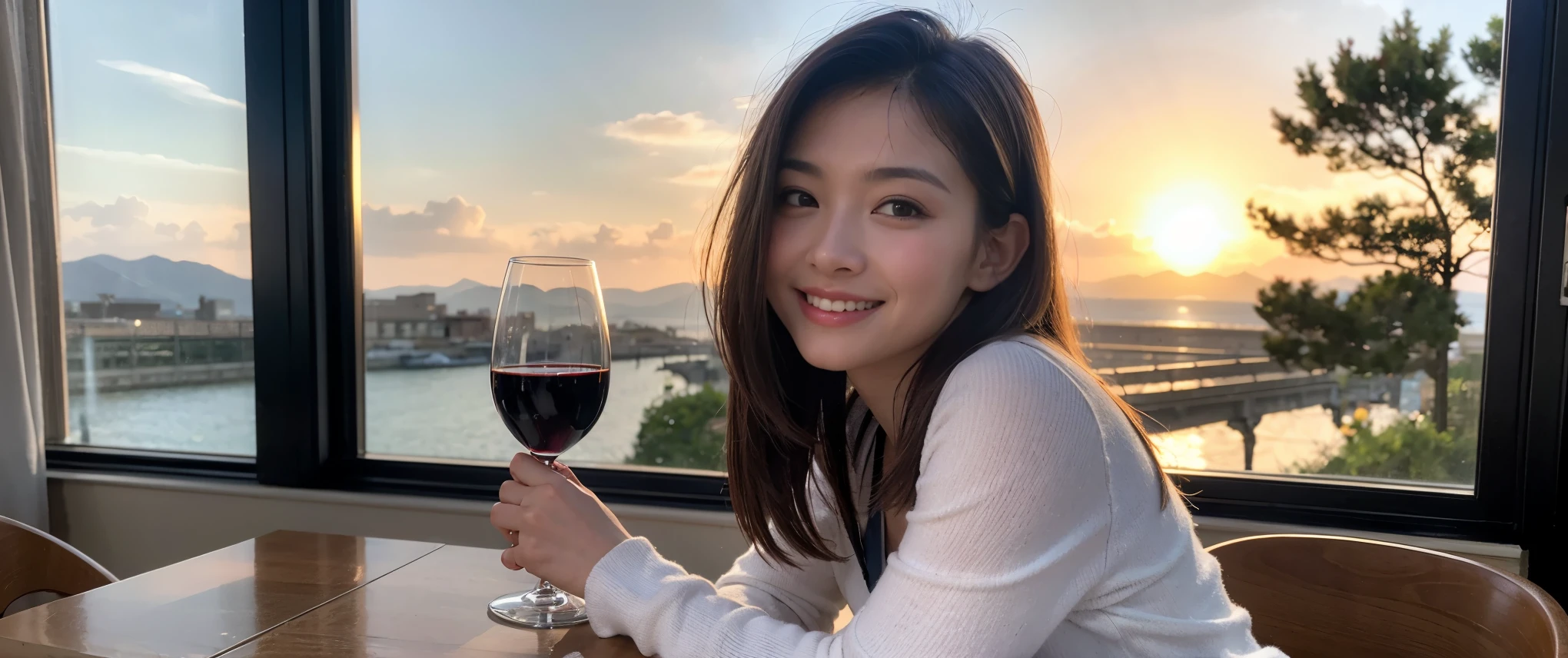 ((highest quality、8k、masterpiece:1.3))、Sharp focus:1.2、Beautiful woman perfect body:1.4、slimなボディ、((Bob Hale、Straight hair:1.2))、(to be born, highest quality, masterpiece:1.5), (Realistic, Intricate details:1.2), Ultra-high resolution, Amazing view of the sunset sky and clouds、Amazing mountain views、ニコニコ明るいsmile、smileの素敵な女性、Bright image、2. The beauty of wine, Beautiful Face, blue eyes, The light shines on your face, Blushing, short hair,Bright Face、Fox face、 (36 years old), 39 years old, Lady、red wine 、Appetizers、Italian food、Wine bottle、Champagne、sparkling wine、Two beauties、Brown Hair、Shortcuts、Long sleeve shirt、dress、Pretty Woman 1, (slimな顔), (The body is slim), (Brown Hair), (Shortcuts), cheeks turn a little red,Attractive beauty、, Out of the window, A beautiful and detailed night view unfolds.........., restaurant, In a prominent place (From the waist up) Nova Frog Style, actress, model, Upper Body, White wine, slim, wine glass, 真ん中に置かれたwine glass, smile, (smile: 1.15), Beautiful fine grain, Depth f/2,saturation, High Contrast, Strong light and shadow,Moist Body:1.5、3D texture、Delicate eyes、Brown Hair、The hair is very shiny、