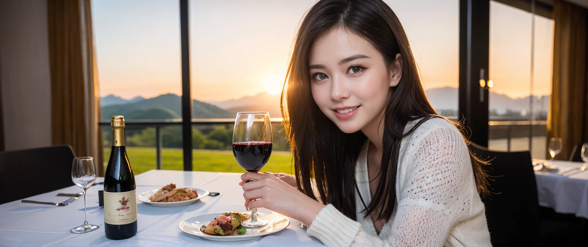 ((highest quality、8k、masterpiece:1.3))、Sharp focus:1.2、Beautiful woman perfect body:1.4、slimなボディ、((Bob Hale、Straight hair:1.2))、(to be born, highest quality, masterpiece:1.5), (Realistic, Intricate details:1.2), Ultra-high resolution, Amazing view of the sunset sky and clouds、Amazing mountain views、ニコニコ明るいsmile、smileの素敵な女性、Bright image、2. The beauty of wine, Beautiful Face, blue eyes, The light shines on your face, Blushing, short hair,Bright Face、Fox face、 (36 years old), 39 years old, Lady、red wine 、Appetizers、Italian food、Wine bottle、Champagne、sparkling wine、Two beauties、Brown Hair、Shortcuts、Long sleeve shirt、dress、Pretty Woman 1, (slimな顔), (The body is slim), (Brown Hair), (Shortcuts), cheeks turn a little red,Attractive beauty、, Out of the window, A beautiful and detailed night view unfolds.........., restaurant, In a prominent place (From the waist up) Nova Frog Style, actress, model, Upper Body, White wine, slim, wine glass, 真ん中に置かれたwine glass, smile, (smile: 1.15), Beautiful fine grain, Depth f/2,saturation, High Contrast, Strong light and shadow,Moist Body:1.5、3D texture、Delicate eyes、Brown Hair、The hair is very shiny、