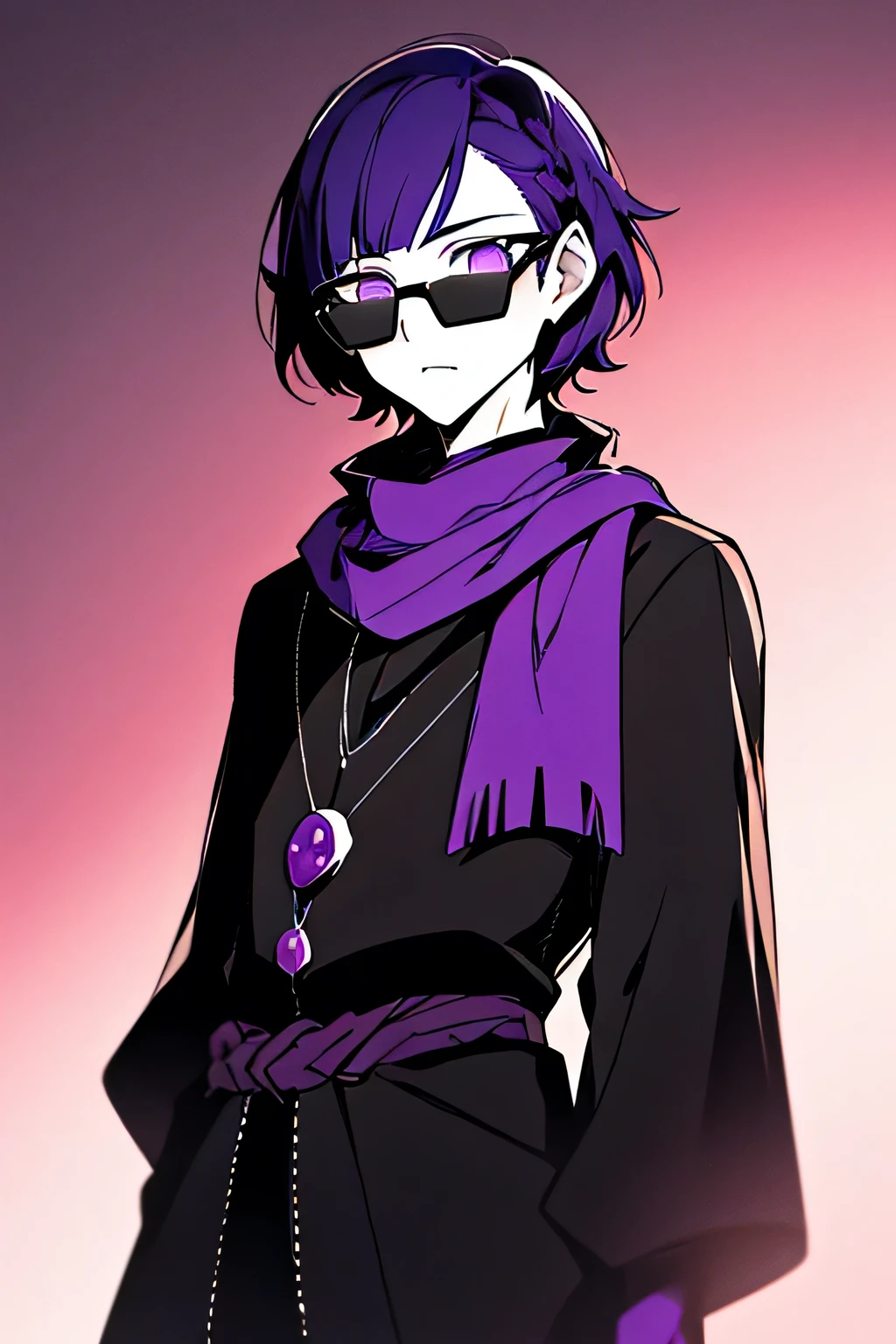 Persona genero masculino, ambientado en un mundo de fantasia, 17 years, pelo negro y corto, gafas negras, bufanda morada, ropa estilo medieval de color negro con rojo, con un slime de color morado