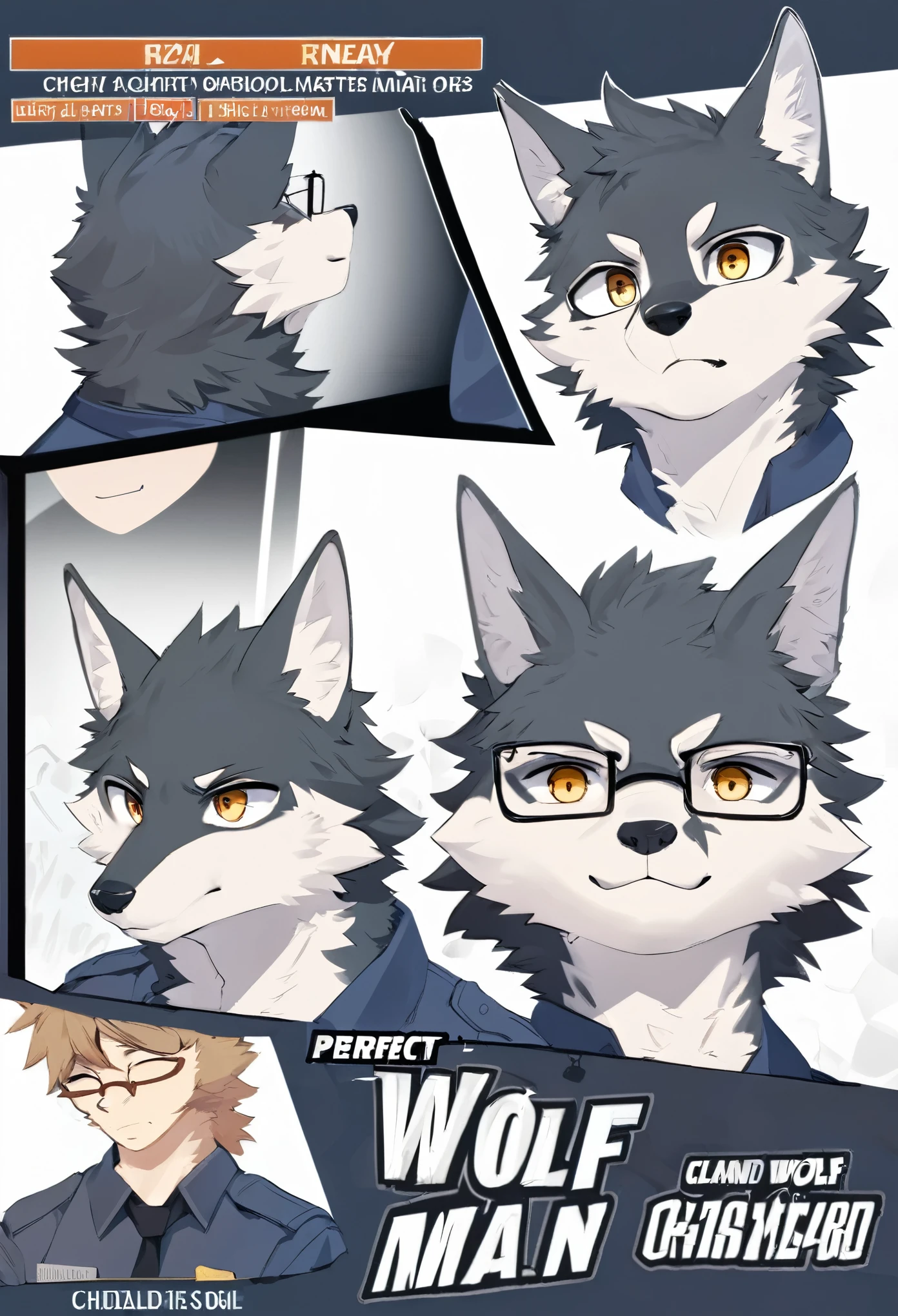 highres, top quality, best quality, paid reward available, High-quality illustrations, unparalleled masterpiece, perfect artwork, absurdres, perfect anatomy, standing kemono boy, three view drawing, front and side and back, character sheet, character design police man!!, anime character, glasses, facial expressions, Detailed description of character, text, Transform wolf, Collection of setting materials,