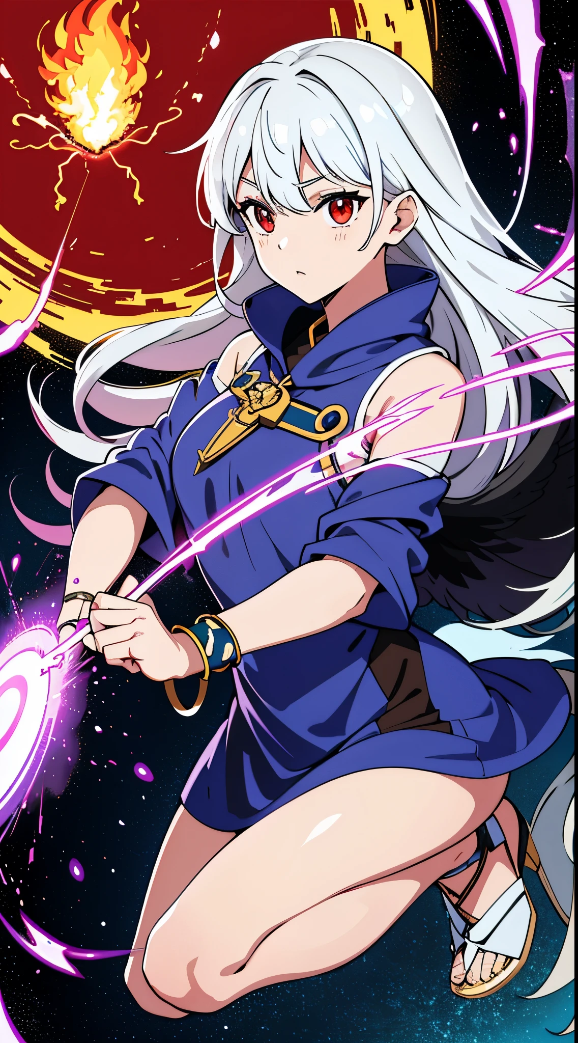 colorful, 1girl, white hair, purple eyes, dual wielding, sword, holding sword, blue flames, glow, glowing weapon, light particles, wallpaper, chromatic aberration,