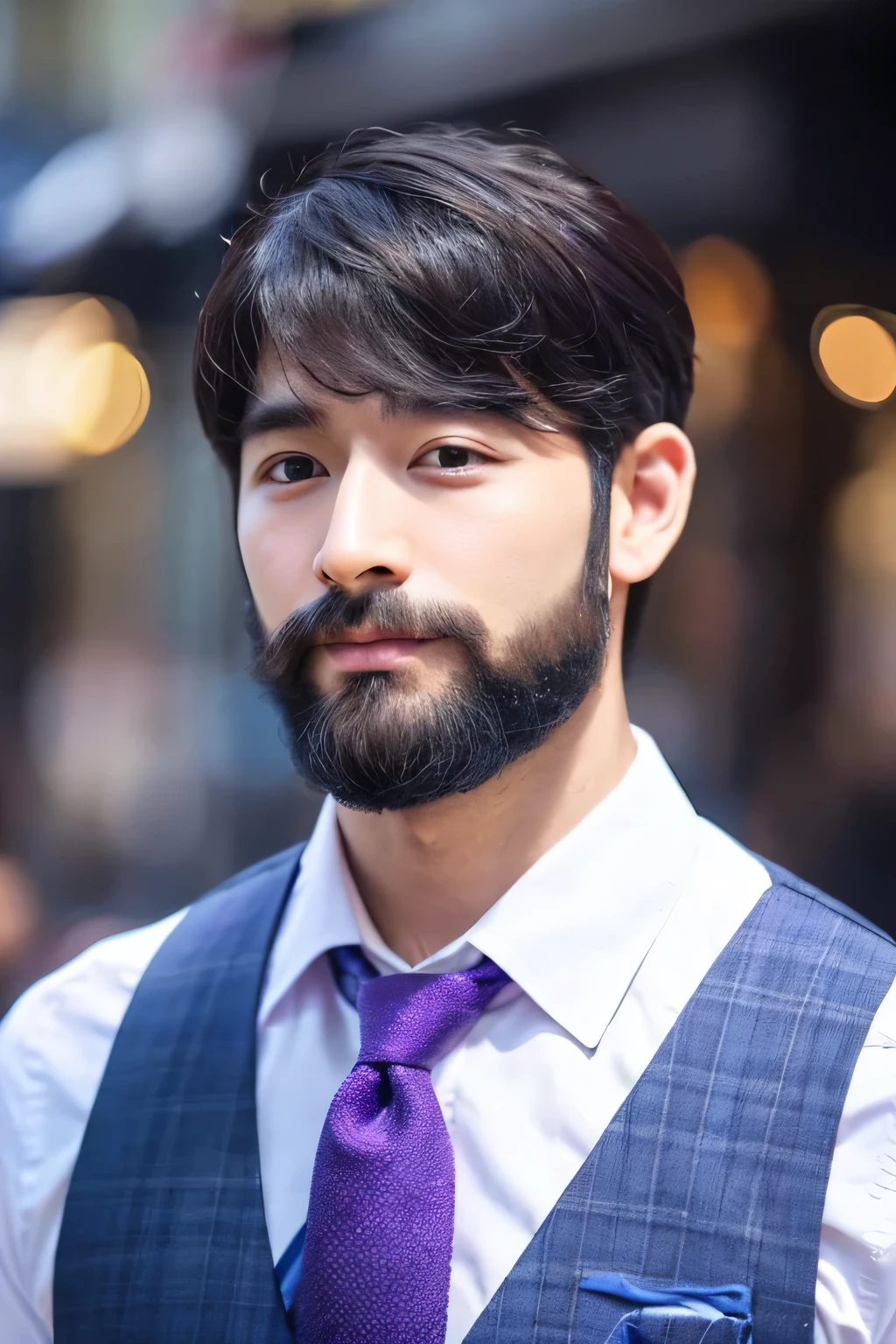 Gentleman Good looking thin beard Bluepurple short hair
normal height 