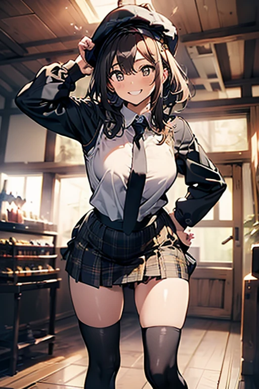 masterpiece, highest quality,defnovel, deerstalker, yellow hat, plaid capelet, white shirt, long sleeves, black skirt, black thighhighs,large breasts,smile,(contrapposto:1.3),(leaning forward:1.3),(Hand on Hips),top-quality,Top image quality,perfect anatomy,masterpiece,ultra-detailliert,Beautiful,ultra-quality, best quality,high resolution, ultra-detailed,game cg,dutch angle ,beautiful detailed eyes,visualart,five fingers, perfect hands,