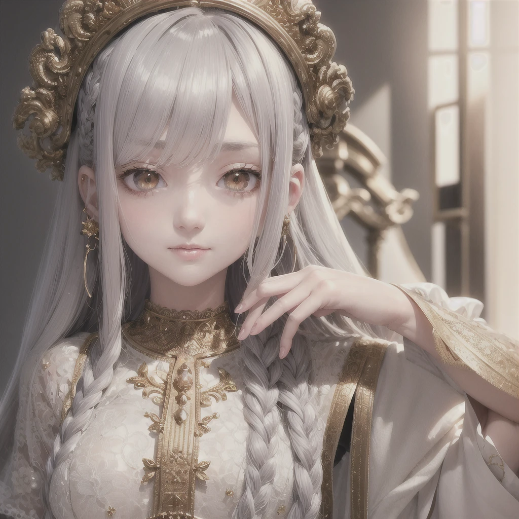 best quality, masterpiece,gray hair, golden eyes,white clothes, search,hair,fair skin,side braids,,(very detailed),(Really delicate and beautiful face),(detailed beautiful eyes),big bust,redness of ears,blush light smile, Exotic eyes, nobility, royalty,closeup, detailed texture, whole body,Precise and perfect human body,Exquisite and perfect facial features,hair over shoulders,long eyelashes,The most beautiful big eyes,glowing skin,looking at viewer,himeno,  1lady solo,