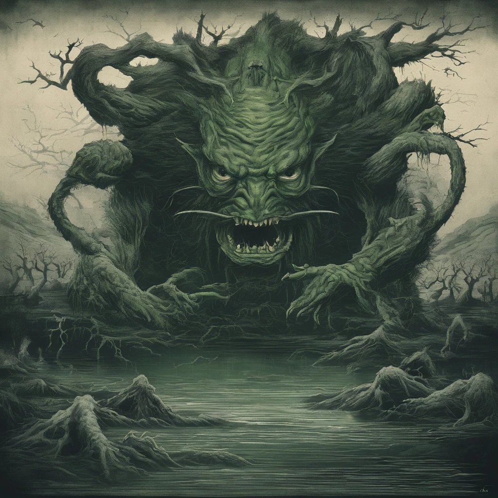 Japanese Yokai、Kappa、river、Green Skin