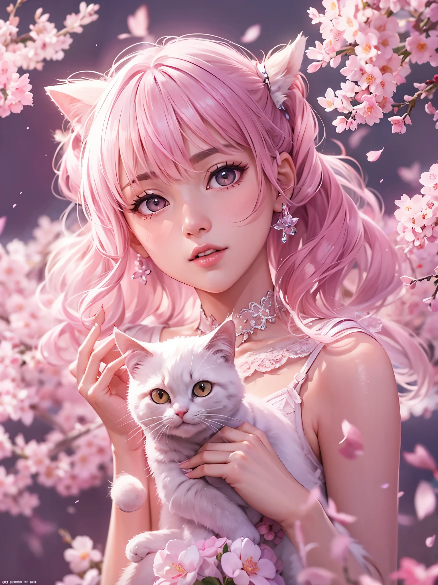 Cat with pink ribbon、Pink Hair、masterpiece, highest quality,Kimoto_cherry blossoms, Girly style, Lace dress, ballet flats, delicate accessories, Young and beautiful girl, Super detailed, Official Art, unity 8k wallpaper, (Fashion magazine cover:1.3), Octane Render,
