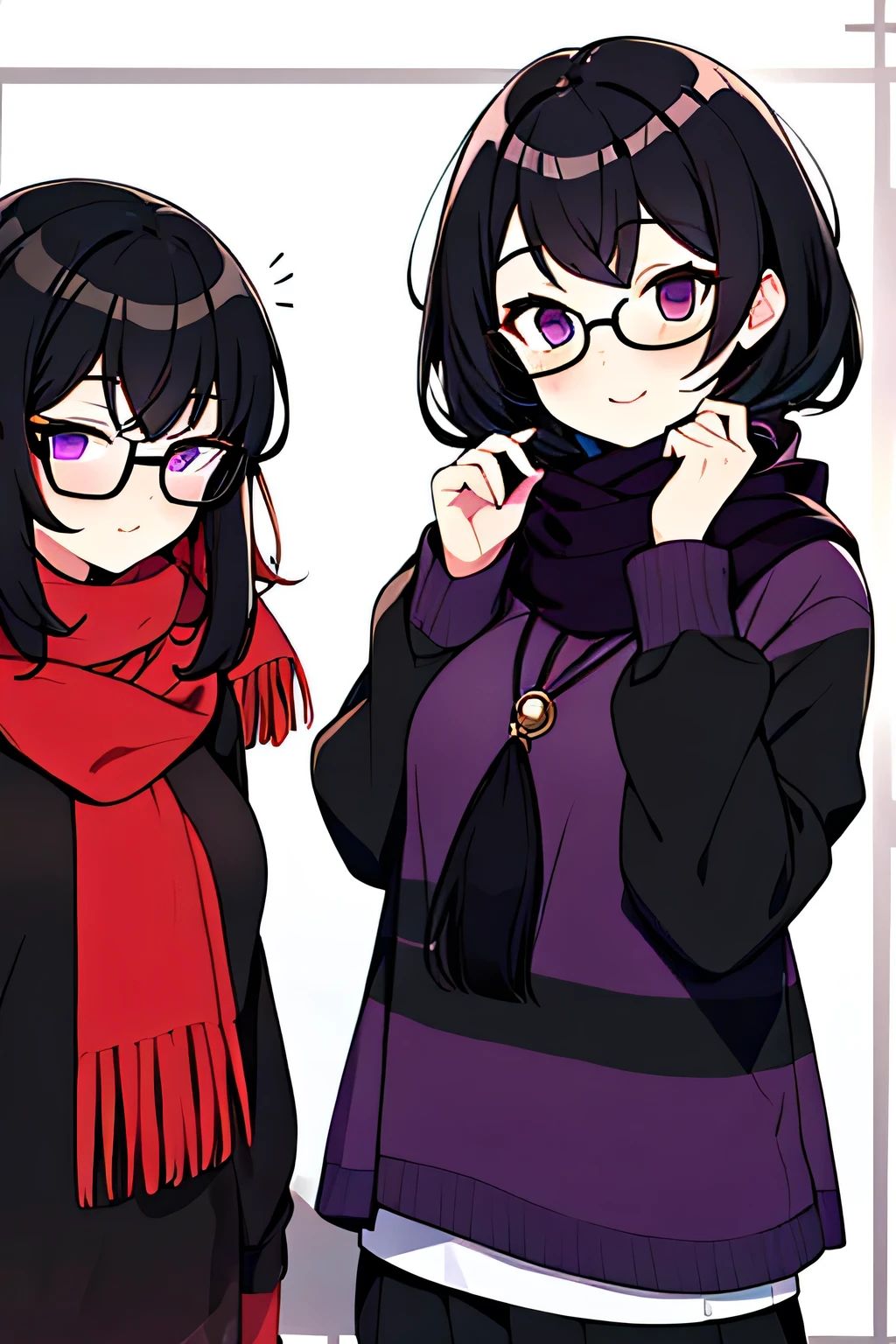 Chico, pelo negro y corto, gafas negras, bufanda morada, ropa negra con roja