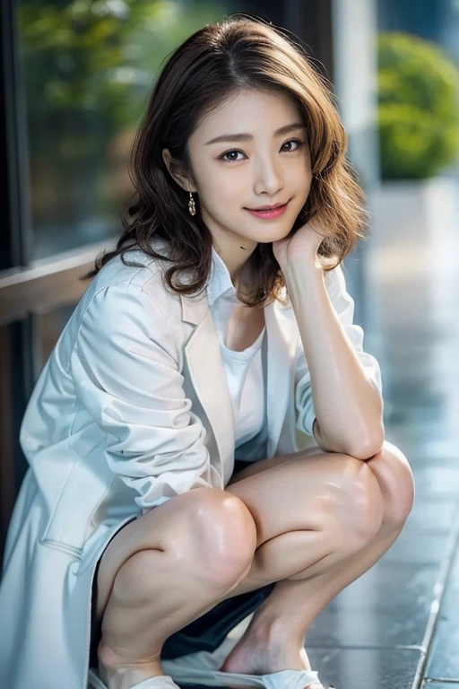 highest quality、8K、Super detailed、Absurd, RAW Photos, Very delicate and beautiful, masterpiece, highest quality, Ultra-high resolution, 32k, Surreal, Very detailed, Perfect Anatomy, Anatomically correct, Perfect figure, Very detailed肌, 20-year-old, very slim figure, Tight waist, very small head, Very small face, Delicate facial features, Detailed face, Fine grain, Tearful mole, Earrings, Thin legs, barefoot, Very big round breasts, Short Medium Hair, ((Wavy Hair)), Wet clothes, ((suit)), White shirt, Black Skirt, (coat), Detailed Weapons,Real Photo:1.6
