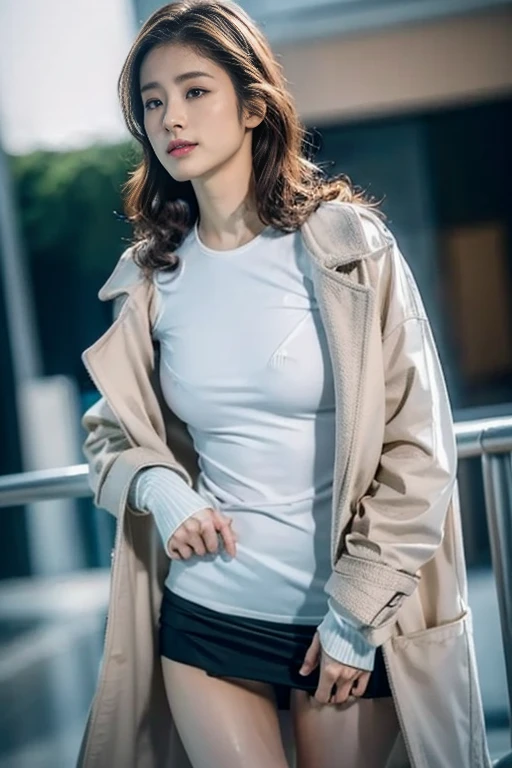 highest quality、8K、Super detailed、Absurd, RAW Photos, Very delicate and beautiful, masterpiece, highest quality, Ultra-high resolution, 32k, Surreal, Very detailed, Perfect Anatomy, Anatomically correct, Perfect figure, Very detailed肌, 20-year-old, very slim figure, Tight waist, very small head, Very small face, Delicate facial features, Detailed face, Fine grain, Tearful mole, Earrings, Thin legs, barefoot, Very big round breasts, Short Medium Hair, ((Wavy Hair)), Wet clothes, ((suit)), White shirt, Black Skirt, (coat), Detailed Weapons,Real Photo:1.6