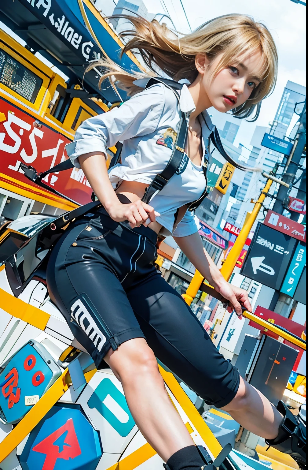(masterpiece, highest quality:1.2), (8K Ultra HD, 16k, 32k, Ultra-high resolution), (Realistic:1.37), (RAW Photos), Ultimately realistic, Ultimately realistic details, Ultimately realistic texture, Ultimate in exquisite detail, Ultimately realistic lighting, Ultimately realistic shadow, Japanese Girls, Extremely cute face, Ultimate RAW Skin, Ultimately realistic eyes, (mechanical:1.4), (armor), whole body, Wide Shot