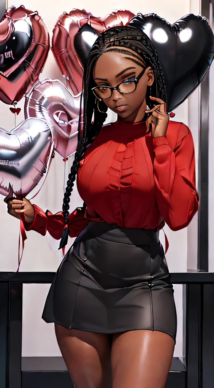 ((ultra high definition)), ((ultra high resolution)), ((ultra sharpness)), ((cinematic)), ((8K)), ((Unreal Engine 5)), ((Ultra Black girl)), ((extremely beautiful)), ((glasses), ((totally realistic)), ((realistic ebony)), ((total fidelity)), ((ultra curvy)), ((front view)), ((big ass and thick thighs)), ((tall)),((ultra detailed face)), ((beautiful forehead)), ((ultra detailed eyes)), ((brown eyes)), ((sexy thick lips)), ((ultra detailed irises)), ((ultra detailed hands)), ((ultra detailed fingers)), (((alone))), (((full body))), ((cool lighting)), ((tiny skin hair)), ((always the same face)), ((repeat always the same face)), ((always the same body)), ((always the same body proportions)), ((wearing a red long sleeve shirt and short black skirt)), ((heart shaped balloons)), ((valentine celebration)), ((in front of valentine gift shop)), ((alone in the photo)), ((repeat the same clothes)), ((always the same clothes)), ((looking at the camera)), ((fully braided hair)), ((detailed hair)), ((black hair)),