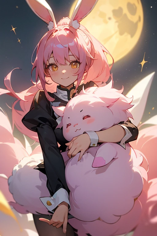 (masterpiece), best quality, (gentle smile), rabbit girl, (bunny ears:1.2), (long pastel pink hair:1.2), (hair bangs), (hair hiding ears), (ponytail), (no visible human hears:1.2), (golden eyes:1.2), (fluffy bunny tail), (wearing black stage magician clothing), (wearing top hat), (soft smile), moon background