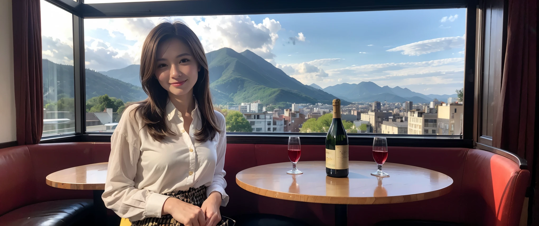 ((highest quality、8k、masterpiece:1.3))、Sharp focus:1.2、Beautiful woman perfect body:1.4、slimなボディ、((Bob Hale、Straight hair:1.2))、(to be born, highest quality, masterpiece:1.5), (Realistic, Intricate details:1.2), Ultra-high resolution, Amazing view of the sunset sky and clouds、Amazing mountain views、ニコニコ明るいsmile、smileの素敵な女性、Bright image、2. The beauty of wine, Beautiful Face, blue eyes, The light shines on your face, Blushing, short hair,Bright Face、Fox face、 (36 years old), 39 years old, Lady、red wine 、Appetizers、Italian food、Wine bottle、Champagne、sparkling wine、Two beauties、Brown Hair、Shortcuts、Long sleeve shirt、dress、Pretty Woman 1, (slimな顔), (The body is slim), (Brown Hair), (Shortcuts), cheeks turn a little red,Attractive beauty、, Out of the window, A beautiful and detailed night view unfolds.........., restaurant, In a prominent place (From the waist up) Nova Frog Style, actress, model, Upper Body, White wine, slim, wine glass, 真ん中に置かれたwine glass, smile, (smile: 1.15), Beautiful fine grain, Depth f/2,saturation, High Contrast, Strong light and shadow,Moist Body:1.5、3D texture、Delicate eyes、Brown Hair、The hair is very shiny、