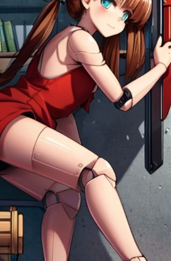 A Female robot is sleeping in the book, spread legs, nude, banzai pose. she wears no dress. She Brown short hair is tied with two big red clothespins, She lifts up the under hem of her white plain dress, leaning over, masterpiece, very short pigtails,brown hair, mature, android, blue eyes, full body figure, Height: 160cm, flushed cheeks, 2020s anime picture, A beautiful robot with short brown hair in two short pigtails held up by two very large huge red clothespins, Uplifting, No NSFW, whole body, barefoot, archaic smile, getting orgasm, 25 years old, sweat bucket.