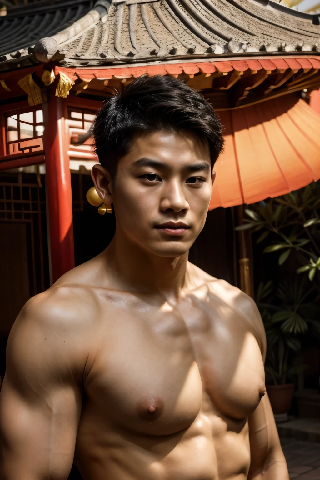 short detailed hair，Naked body，Chinese boy, musculature，Black hair，huge breasts, serius face，Handsome boys，