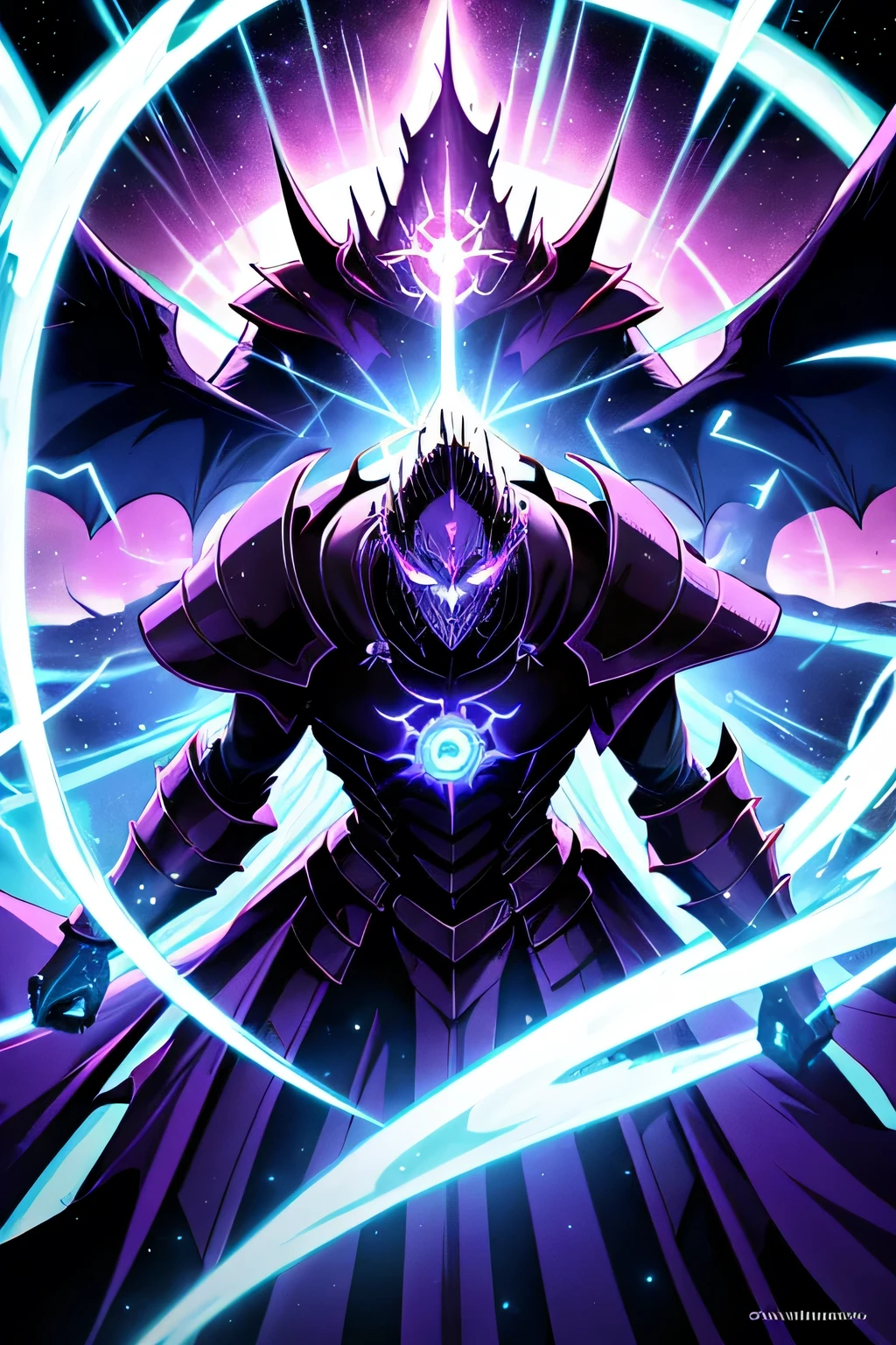 un primer plano de una persona con una luz violeta encendida, arte conceptual por Kanbun Master, tumblr, arte digital, transforming into his final form, el ex rey demonio, an epic anime of a man of energy, aura de oscuridad, aura negra brillante, I will tear from the overlord, evil aura, fondo de pantalla!, purple glowing core in armor, Overlord Temporada 4