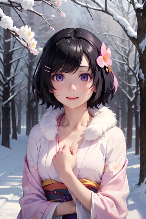 Very detailed CG Unity 8K wallpaper, Cute One lady, Mature hair、lady ,beautiful lady, pale skin (Super masterpiece, Beautiful person, well detailed face polluted smile, Photorealistic, hyper realisitic), Colorful winter kimono in pink and white colors、(white fur)、Japanese Style Hair Accessories、smile、Japanese background with light pink flowers and snow、Portrait、(ref Eyes)、(flat chest:1.2)、(Glowing Skin:1.7)、Detailed eyes、Big eyes、Open your mouth、Hide your arm、
(hanekawa01:1.5, short hair, black hair, hair ornament, purple eyes, hairclip)