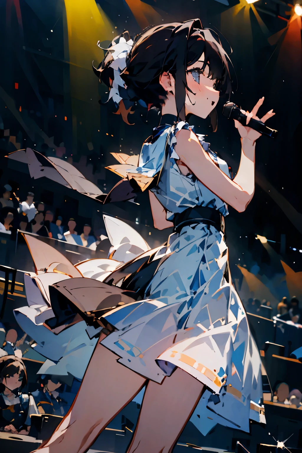 Part of the audience at a concert venue. A high school girl, seen from the side, with a strong gaze filled with admiration towards the stage, an excited face, dynamic movements full of energy, waving her hand, wearing a white dress