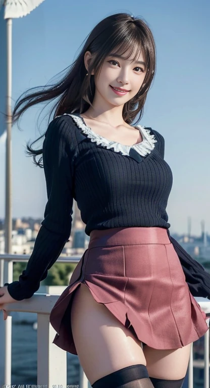 highest quality, 8k, 32k, masterpiece, Ultra-high resolution:1.2),Beautiful Japanese Women Photos,(Sad Smile,blush:1.1),View your audience,(A beautifully detailed long skirt:1.2),Leg Details,(Spread your legs:0.9),(Lace panties:0.9),(Wind lift:1.6), whole body,the wind is strong,city,Outdoor、Black Stockings、Shy smile