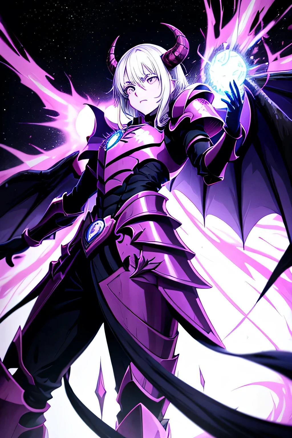 un primer plano de una persona con una luz violeta encendida, arte conceptual por Kanbun Master, tumblr, arte digital, transforming into his final form, el ex rey demonio, an epic anime of a man of energy, aura de oscuridad, aura negra brillante, I will tear from the overlord, evil aura, fondo de pantalla!, purple glowing core in armor, Overlord Temporada 4