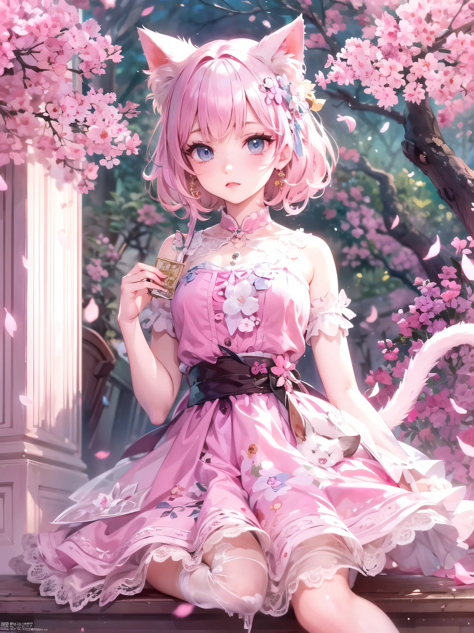 Cat with pink ribbon、Pink Hair、masterpiece, highest quality,Kimoto_cherry blossoms, Girly style, Lace dress, ballet flats, delicate accessories, Young and beautiful girl, Super detailed, Official Art, unity 8k wallpaper, (Fashion magazine cover:1.3), Octane Render,