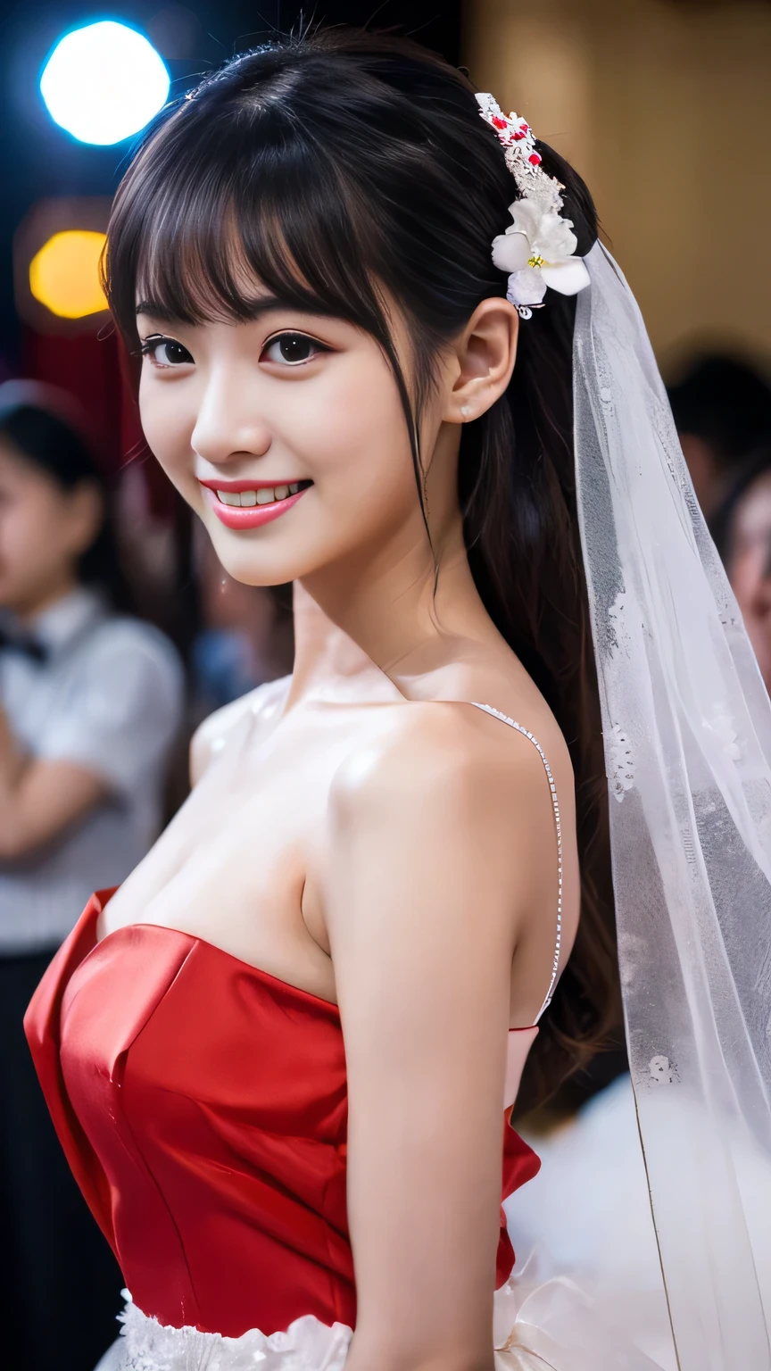 HD pictures 1 girl, by Chihara, Smile, Long hair, Red Dress, Upper Body, red pendant (Good structure),SLR quality,Depth of Field,View,Dynamic poses,KindnessSmile,Transparent blue and white porcelain PVC leather,Transparent blue and white porcelain colored skin scales,Prism,holographic,Chromatic Aberration,Fashion Illustration,Masterpiece,Chinese Dragon and Harajuku Fashion,Looking at the audience,8k,Ultra Detail,Wedding dress