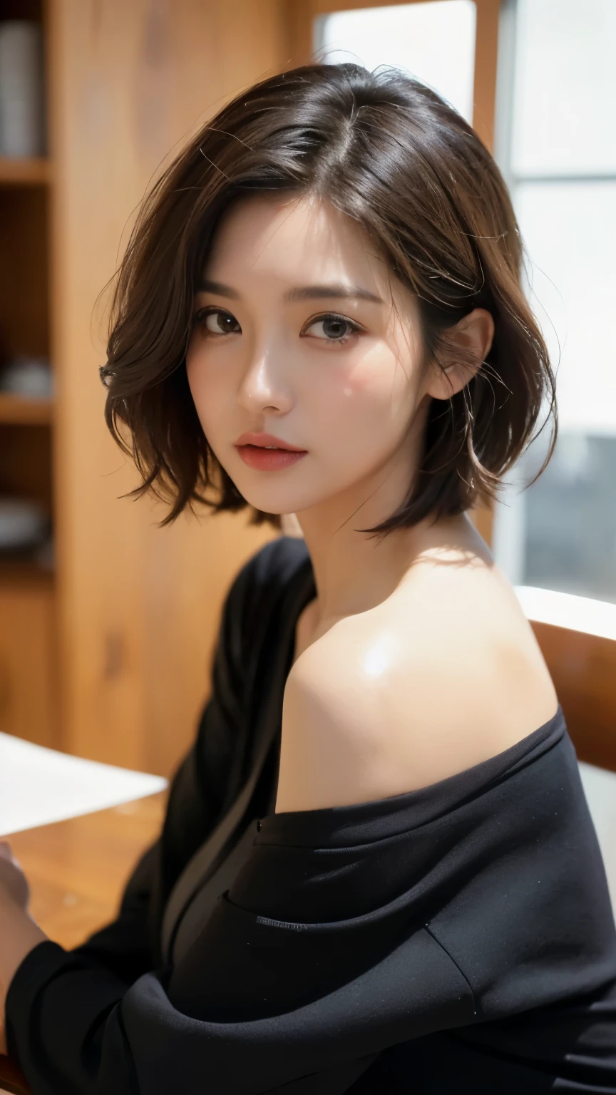 (Layered Haircut:1.2))、Short Wavy Hair、8k、（Raw photo）、（最high quality）、（Photorealistic：1.4）Realistic to the touch Realistic、(4Khigh resolution:1.2)、(High resolution, Tabletop, 最high quality, Attention to detail, formal: 1.4), (Realistic: 1.2, 超Realisticな: 1.1, Realistic: 1.37), Depth of written boundary, (Detailed description of the hair), (Detailed description of the face), Unparalleled beauty,, (Age 35,: 1.4)、Autumn Clothes、I&#39;m feeling a bit depressed、(In a room with white walls and a window、Shot in a beauty salon)、Natural soft light、short hair、Bobhair、Realisticな、high resolution、high quality、profile、Various poses、Various Hair Styles、profile、Bob、Random Pause