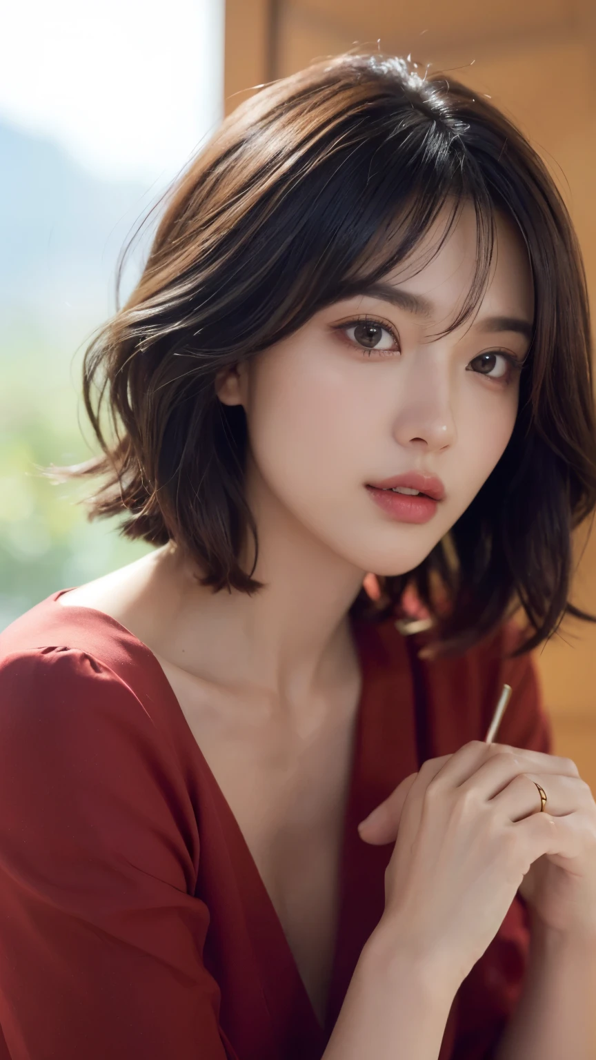 (Layered Haircut:1.2))、Short Wavy Hair、8k、(Raw photo)、(最high quality)、(Photorealistic:1.4)Realistic to the touch Realistic、(4Khigh resolution:1.2)、(High resolution, Tabletop, 最high quality, Attention to detail, formal: 1.4), (Realistic: 1.2, 超Realisticな: 1.1, Realistic: 1.37), Depth of written boundary, (Detailed description of the hair), (Detailed description of the face), Unparalleled beauty,, (Age 35,: 1.4)、Autumn Clothes、I'm feeling a bit depressed、(In a room with white walls and a window、Shot in a beauty salon)、Natural soft light、short hair、Bobhair、Realisticな、high resolution、high quality、profile、Various poses、Various Hair Styles、profile、Bob、Random Pause