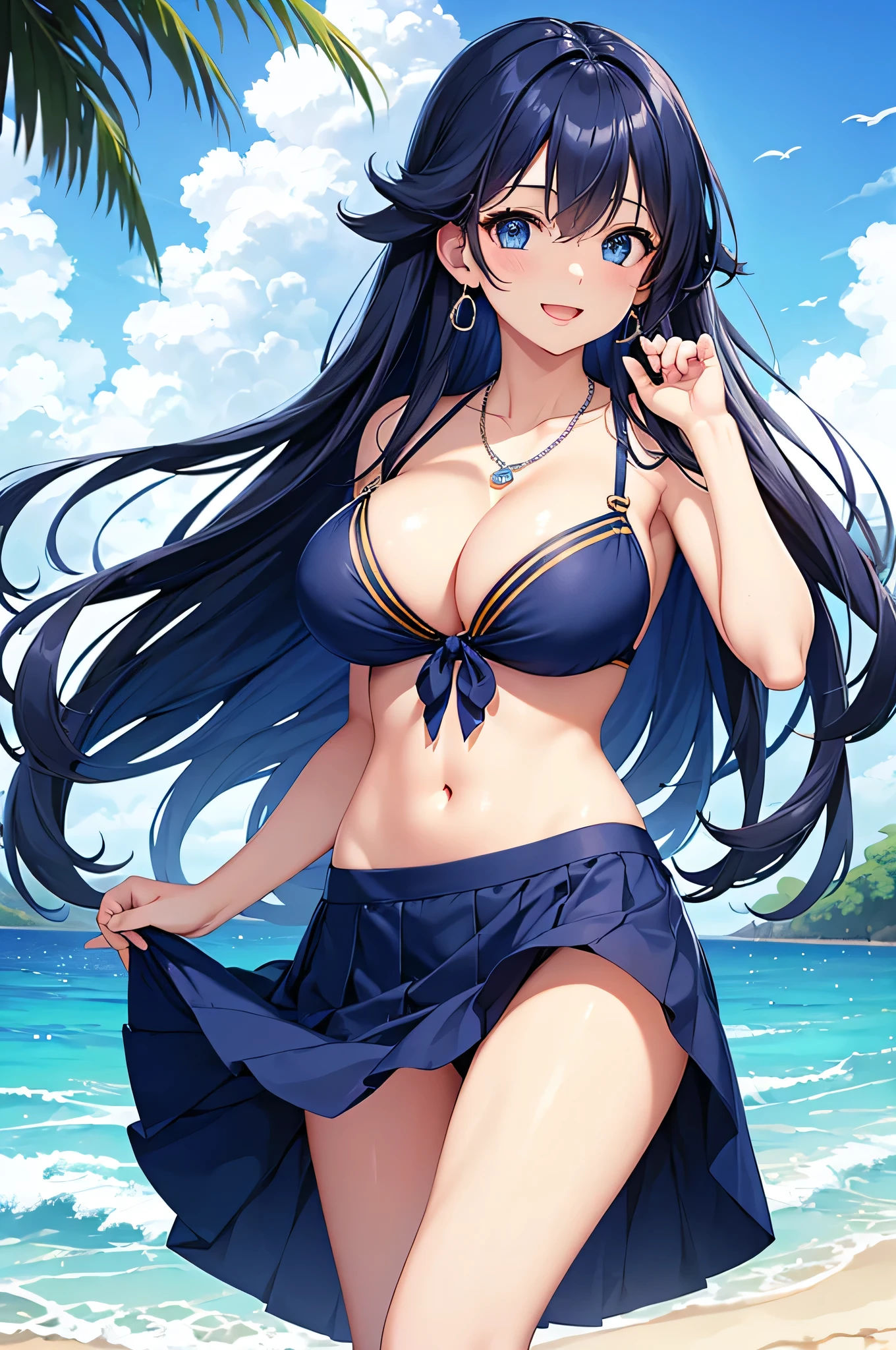 highest quality、Best image quality、masterpiece、beautiful girl、Navy blue long hair、blue eyes、Navy Blue Bikini、Big cleavage、(Big Breasts)、smile、blue necklace、Blue Earrings、background(Beach)、Sexy pose、Please open your mouth wide、Navy Blue Skirt