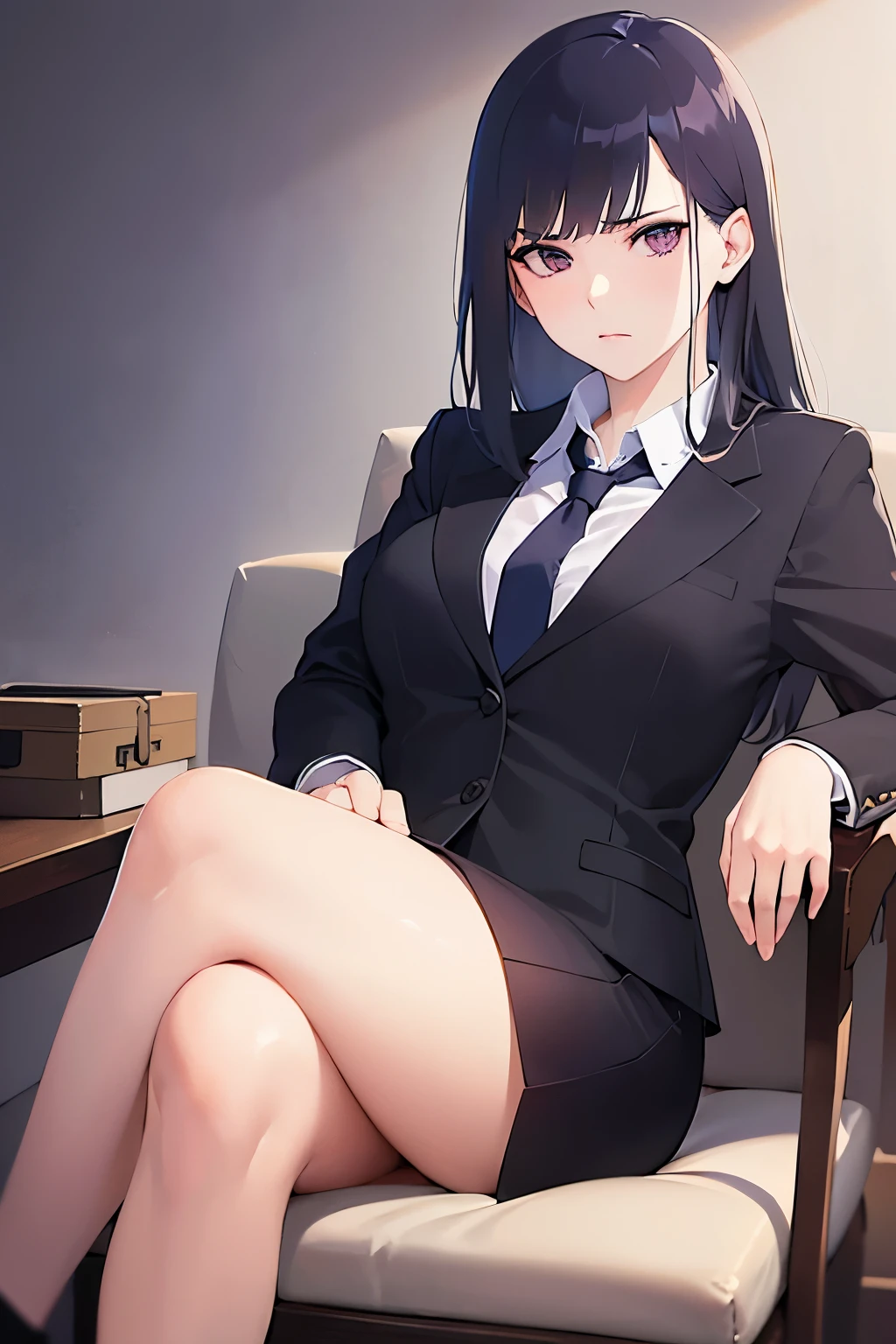 crossed legs、Realistic, real person, (pale skin: 1.2), RAW photo, photorealistic, portrait photography, shiny skin, shiny hair、(A 25-year-old woman with straight hair and bangs) and (medium hair) and (black hair) and (purple eyes) ,(business suit) and (white plain collared shirt) and (skirt)、(scowl:1.5), The background is a hotel room at night、Alone、Sitting in a chair