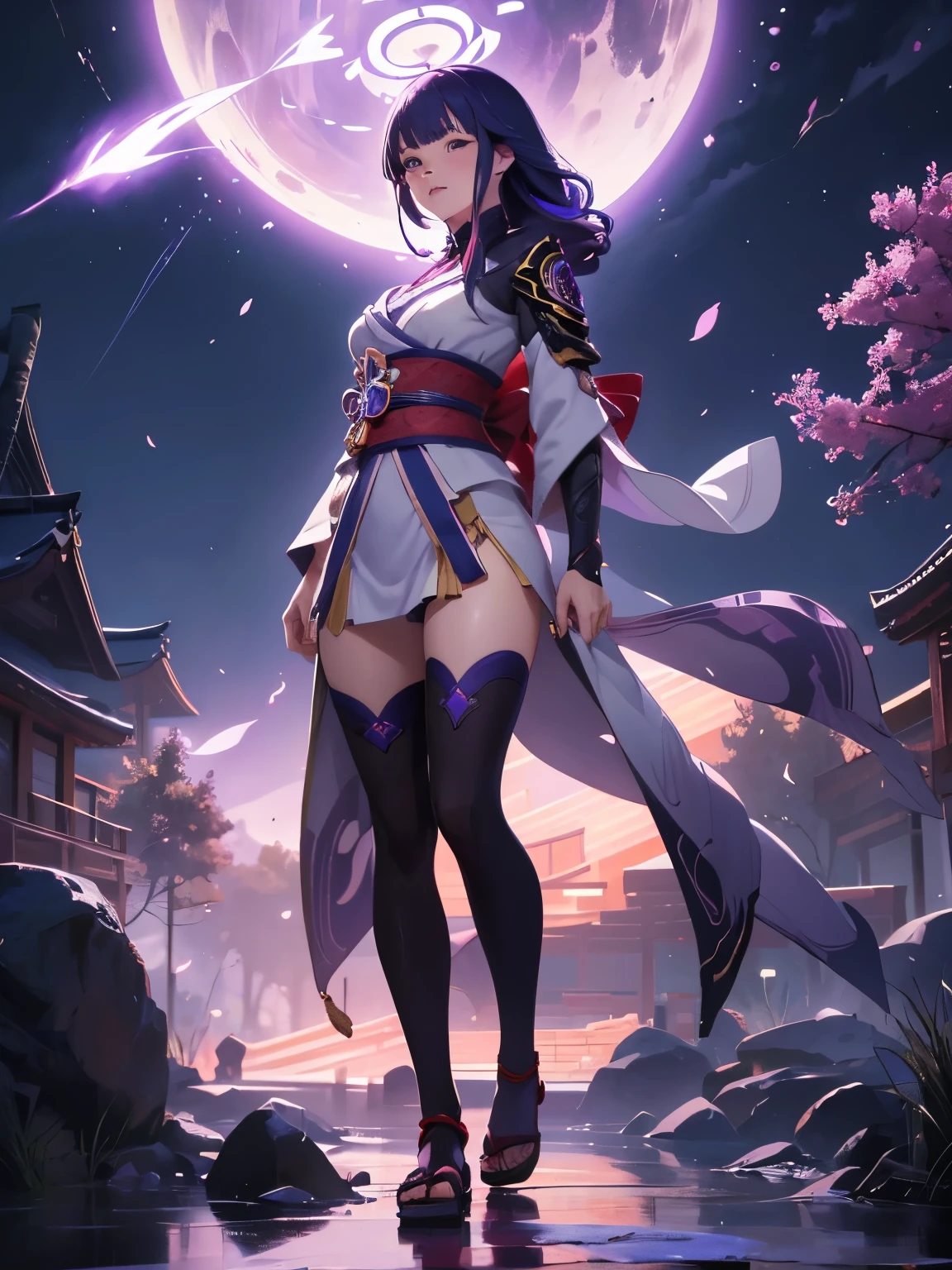 ((Full body images:1.4))Japanese Temples, (highest quality,Realistic,masterpiece:1.2,8k wallpaper:1.2),((Pale skin)),One girl,Solo Female,((Genshin Impact_Impact,General Raiden)),Lightning particles,Purple Lightning,Light background,Cherry tree,Purple Theme,Delicate facial features,Sexy and beautiful anime girls,General Raiden,Long purple hair,Rosy lips,Anime Mouth,Keep your mouth shut,(Very sad face),Fine grain,Big body type,