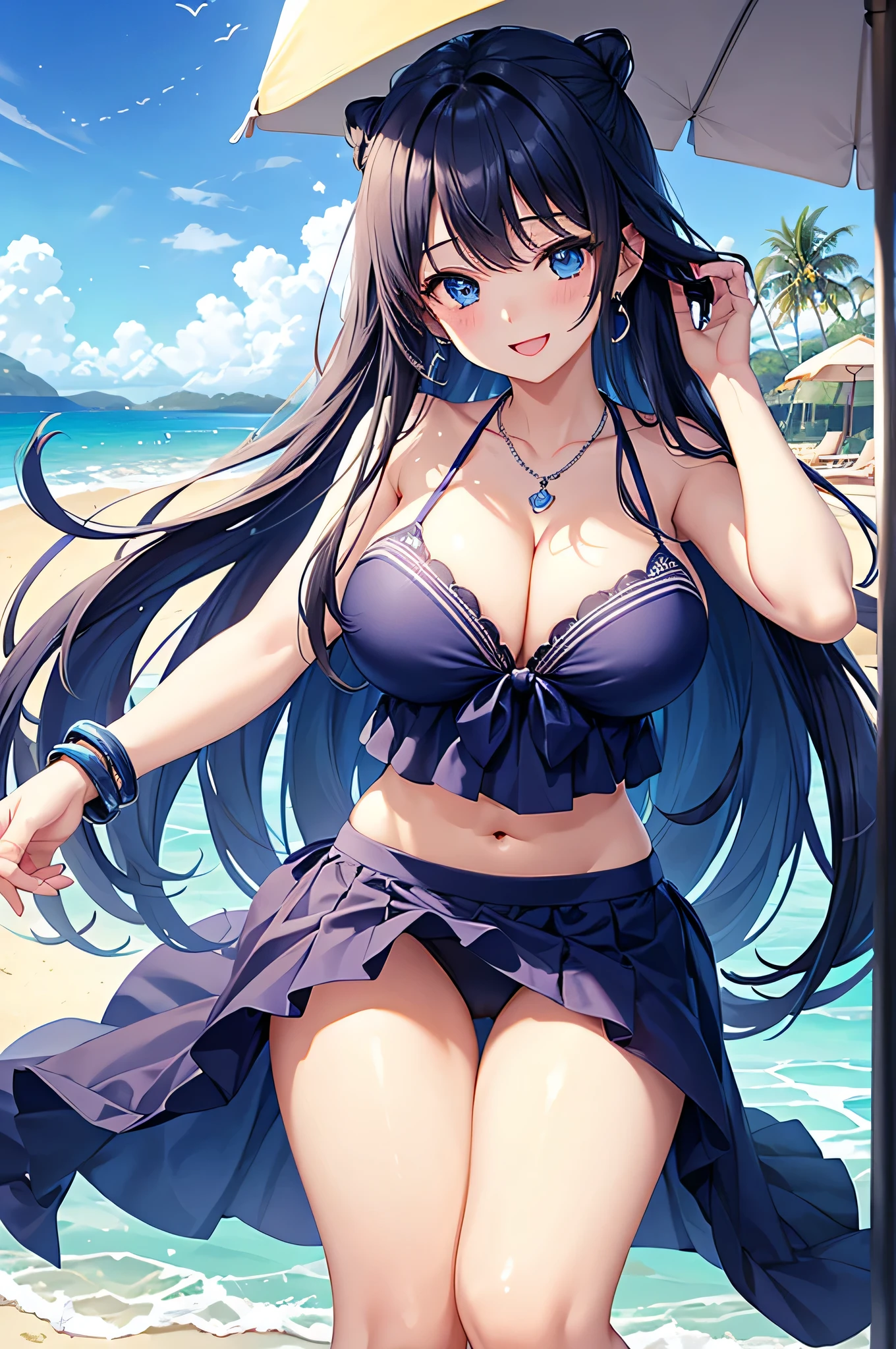 highest quality、Best image quality、masterpiece、beautiful girl、Navy blue long hair、blue eyes、Navy Blue Bikini、Big cleavage、(Big Breasts)、smile、blue necklace、Blue Earrings、background(Beach)、Sexy pose、Please open your mouth wide、Navy Blue Skirt