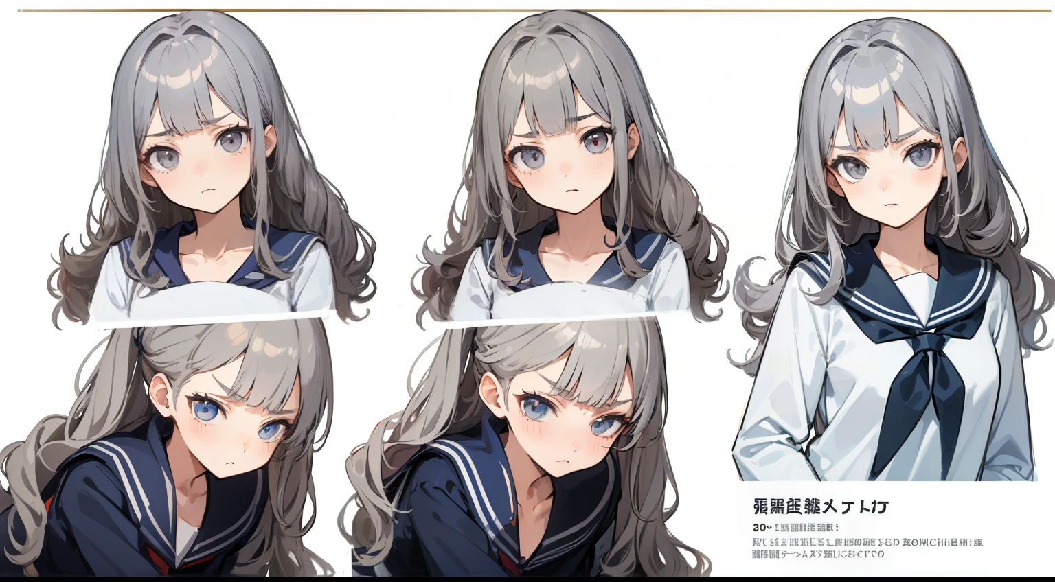 ((masterpiece, highest quality)), Detailed face, Character Sheet, whole body, Full of details, Various poses and expressions, Very detailed, depth, Many parts, One girl, , seifuku, Sailor suit, Long sleeve, Grey Hair, Wavy Hair, Long Hair, Blunt bangs, Otaku, Flat Chest, Angry expression